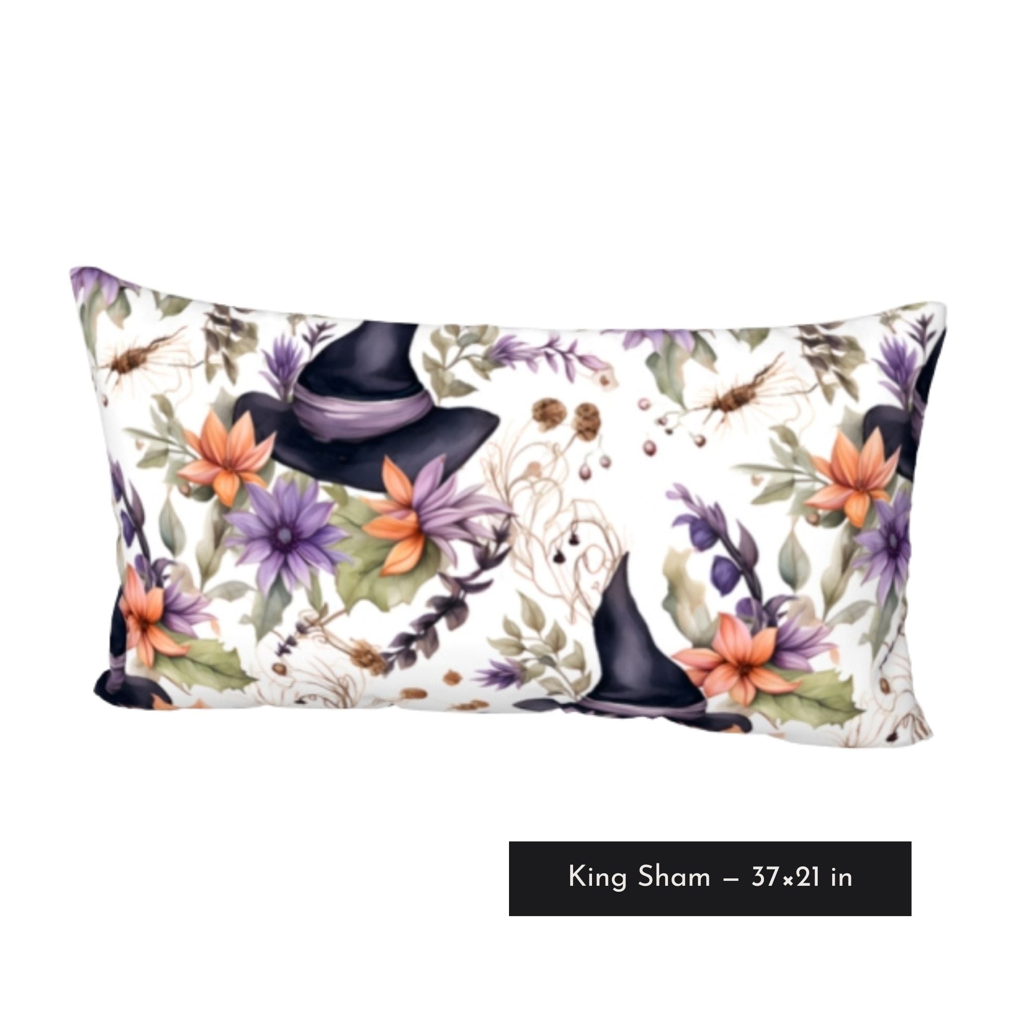 Witchy floral bedding with black hats, lavender flowers, and ivory cotton king size pillow sham.