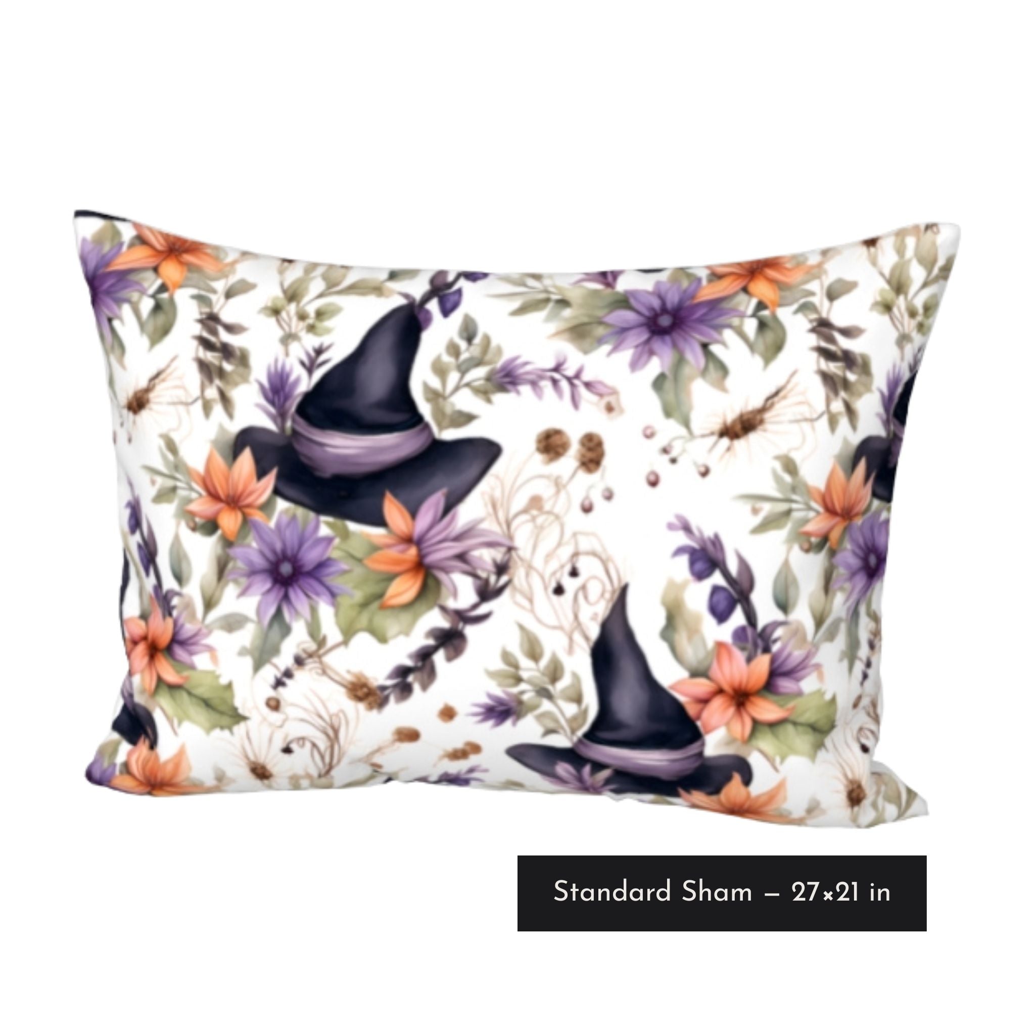 Witchy floral bedding with black hats, lavender flowers, and ivory cotton standard size pillow sham.