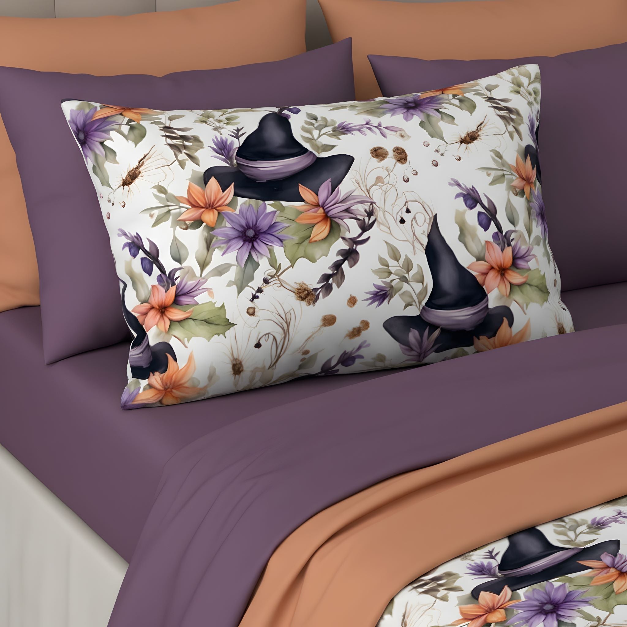 Whimsigoth pillow sham with witch hat print and soft floral witchy bedroom decor