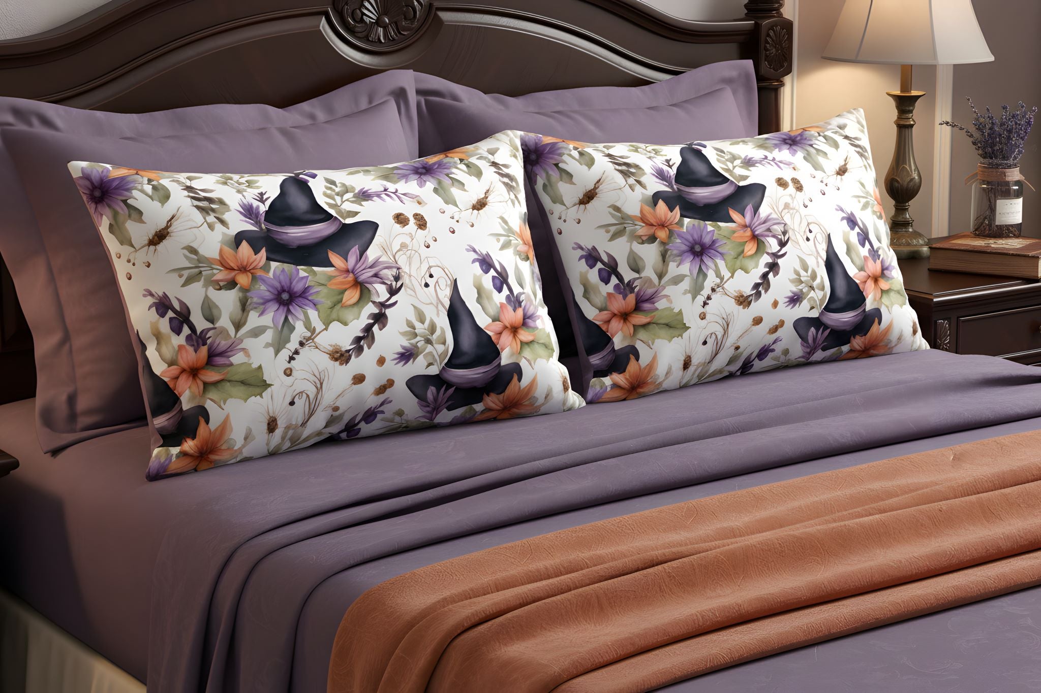 Halloween cotton pillow sham with witch hats, purple florals, orange flowers, and greenery in a whimsigoth bedroom.