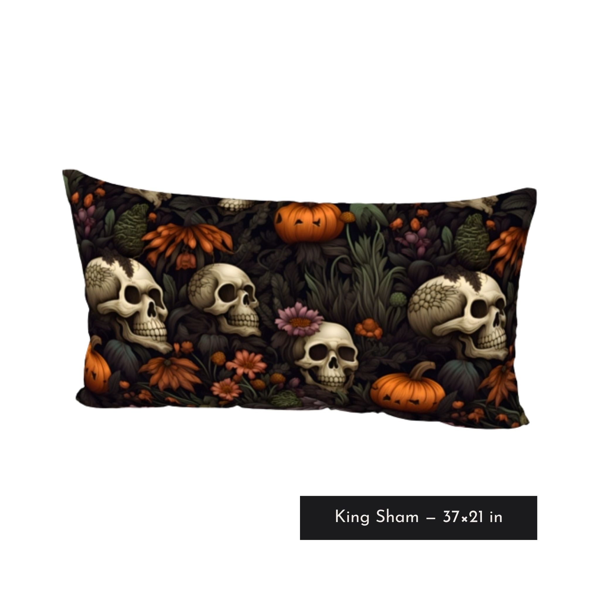 Dark harvest pillow sham in king size with skulls, pumpkins, and purple flowers.