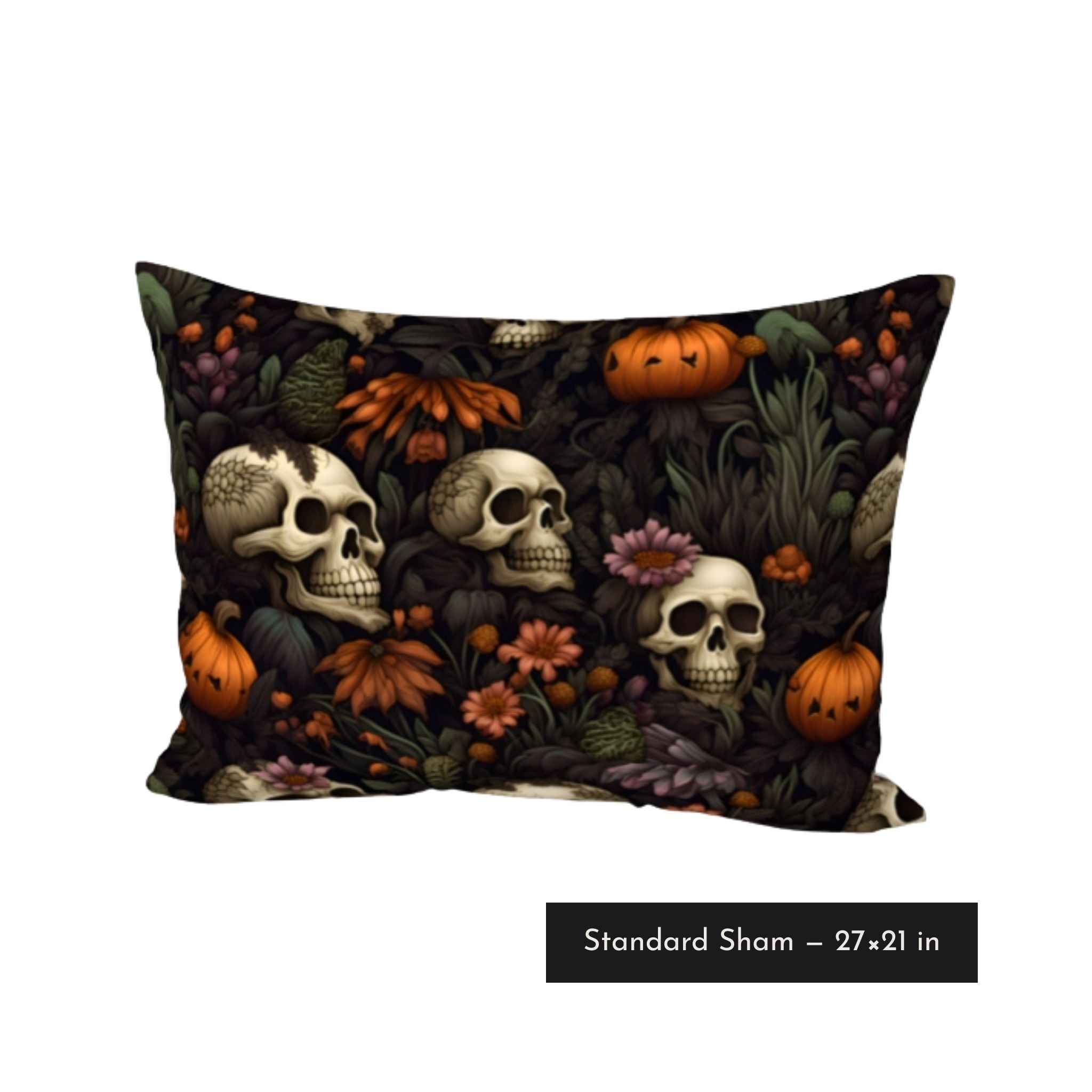 Dark harvest pillow sham in standard size with skulls, pumpkins, and purple flowers.