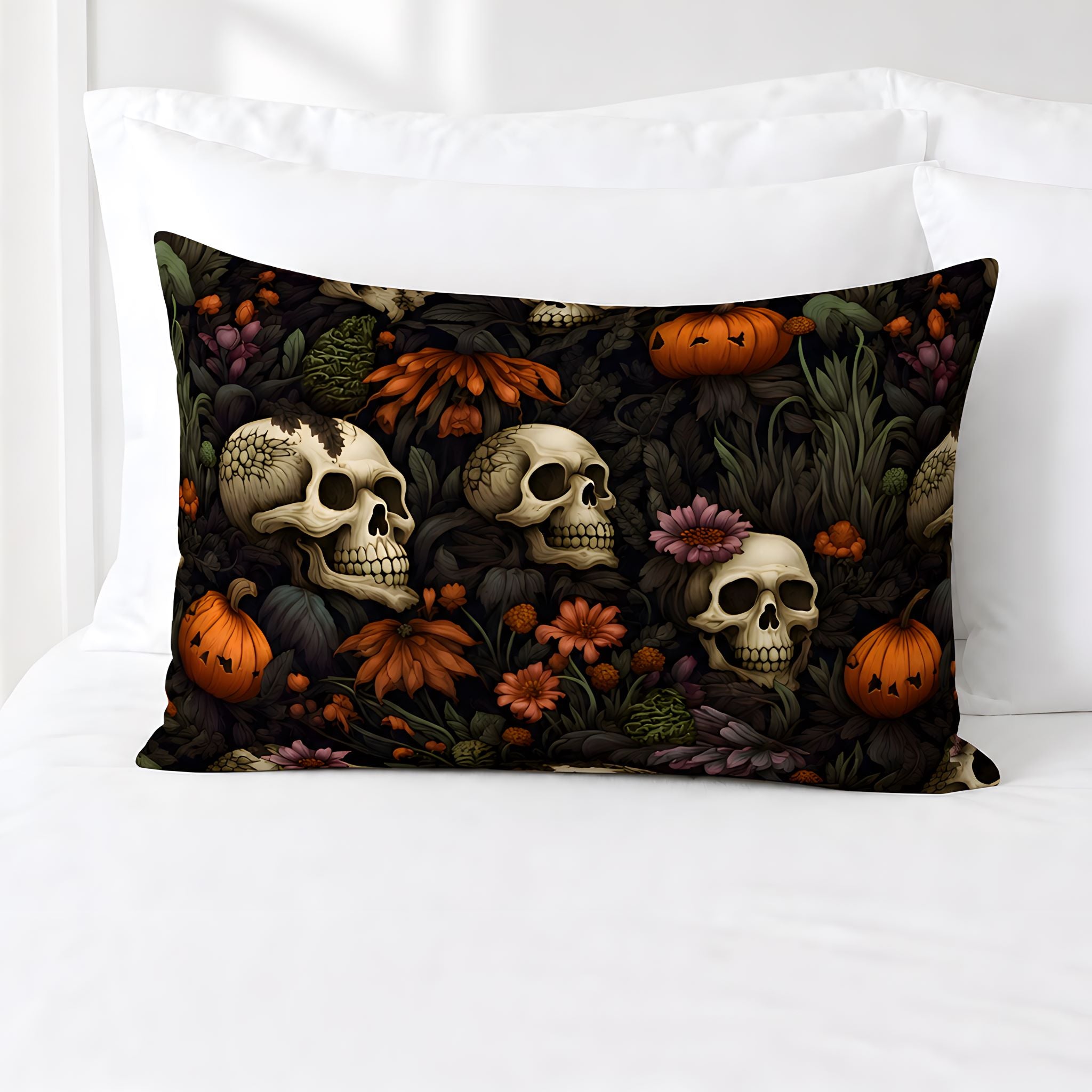 Gothic Halloween pillow sham with ivory skulls, pumpkins, and dark florals.