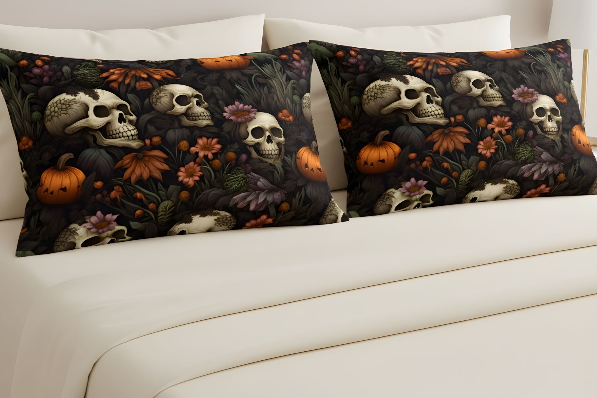 Skull and pumpkin cotton pillow sham with orange flowers and gothic bedding