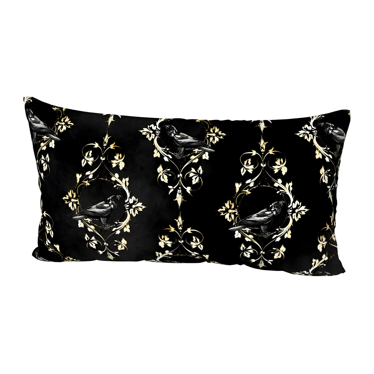 King size pillow with gold florals and black raven on a white background