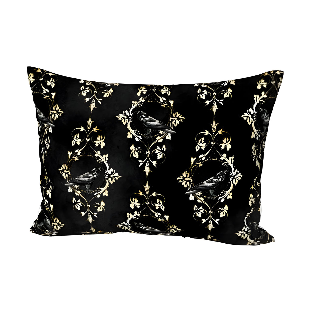 Standard size pillow with gold florals and black raven on a white background