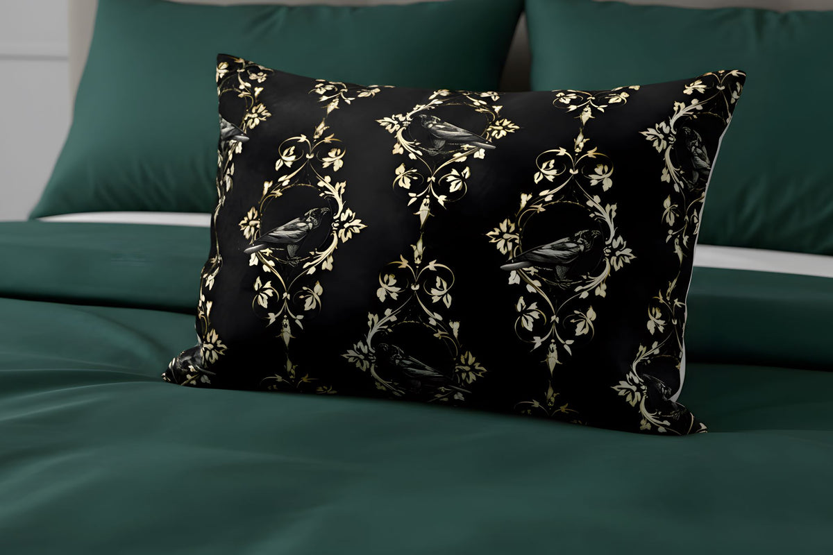Dark green bedding with a black raven pillow sham.