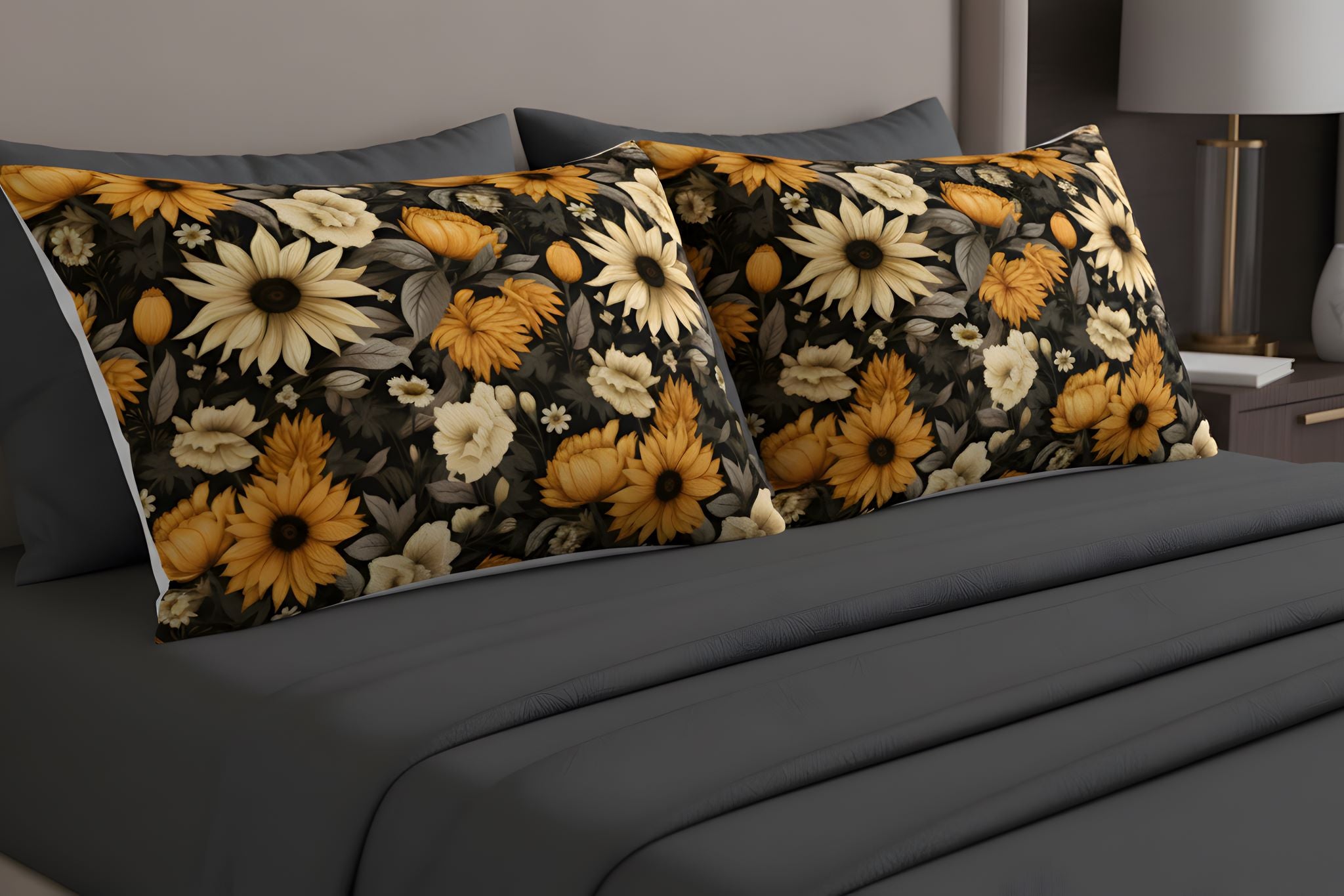 Two Sunflower pillow shams in a moody bedroom.