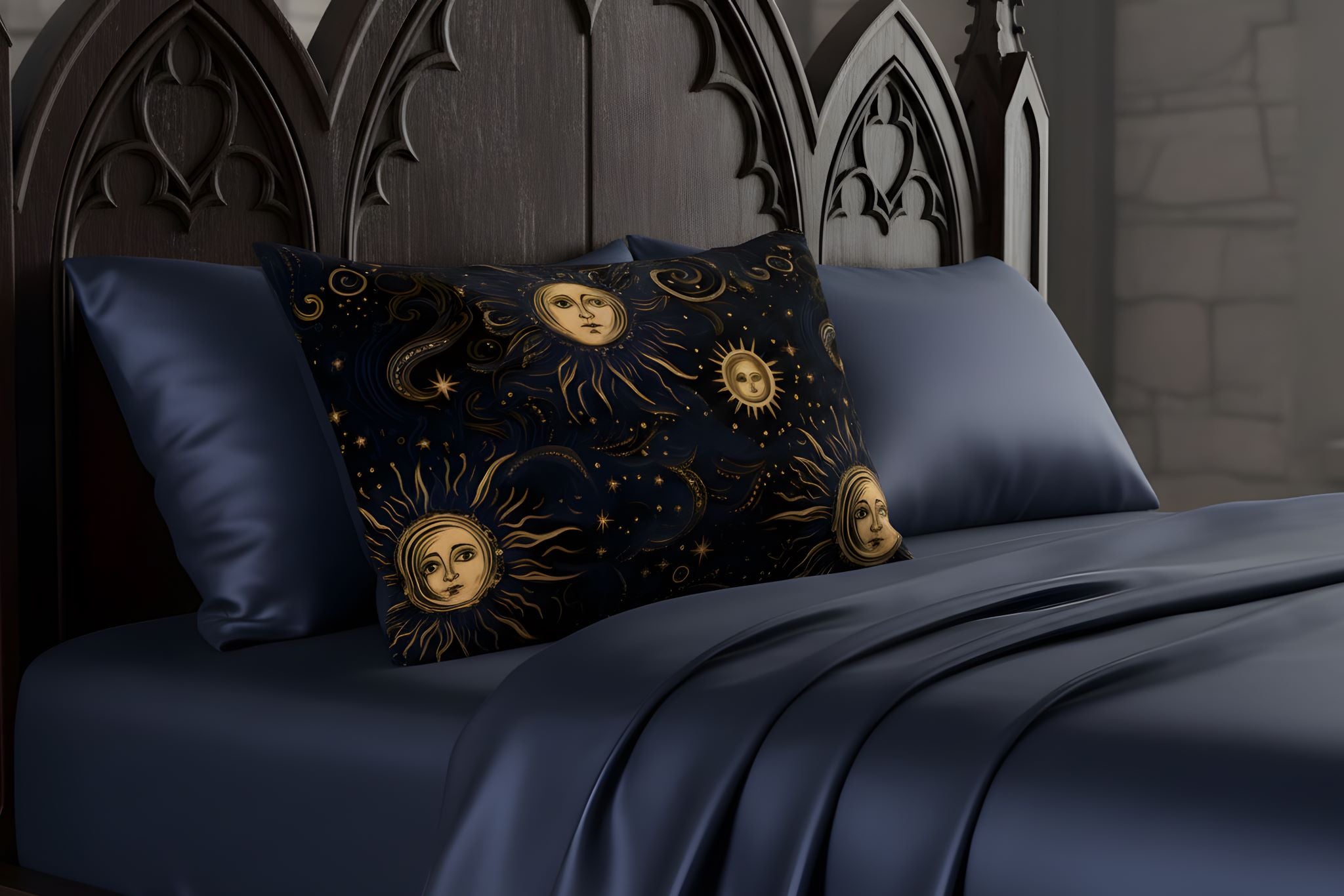 Whimsigothic celestial pillow sham with gold sun artwork on dark blue bedding.