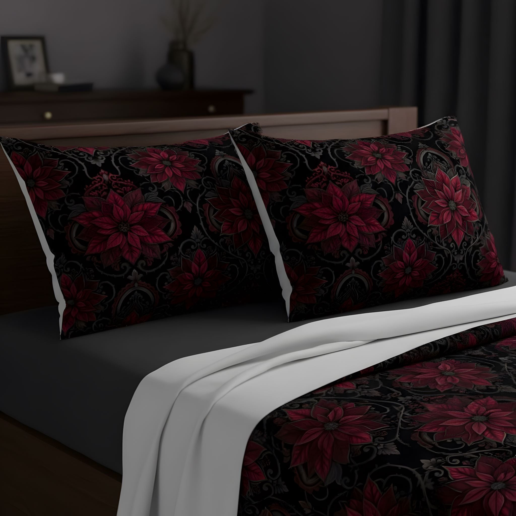 Gothic Christmas Poinsettia pillowcase bedding.