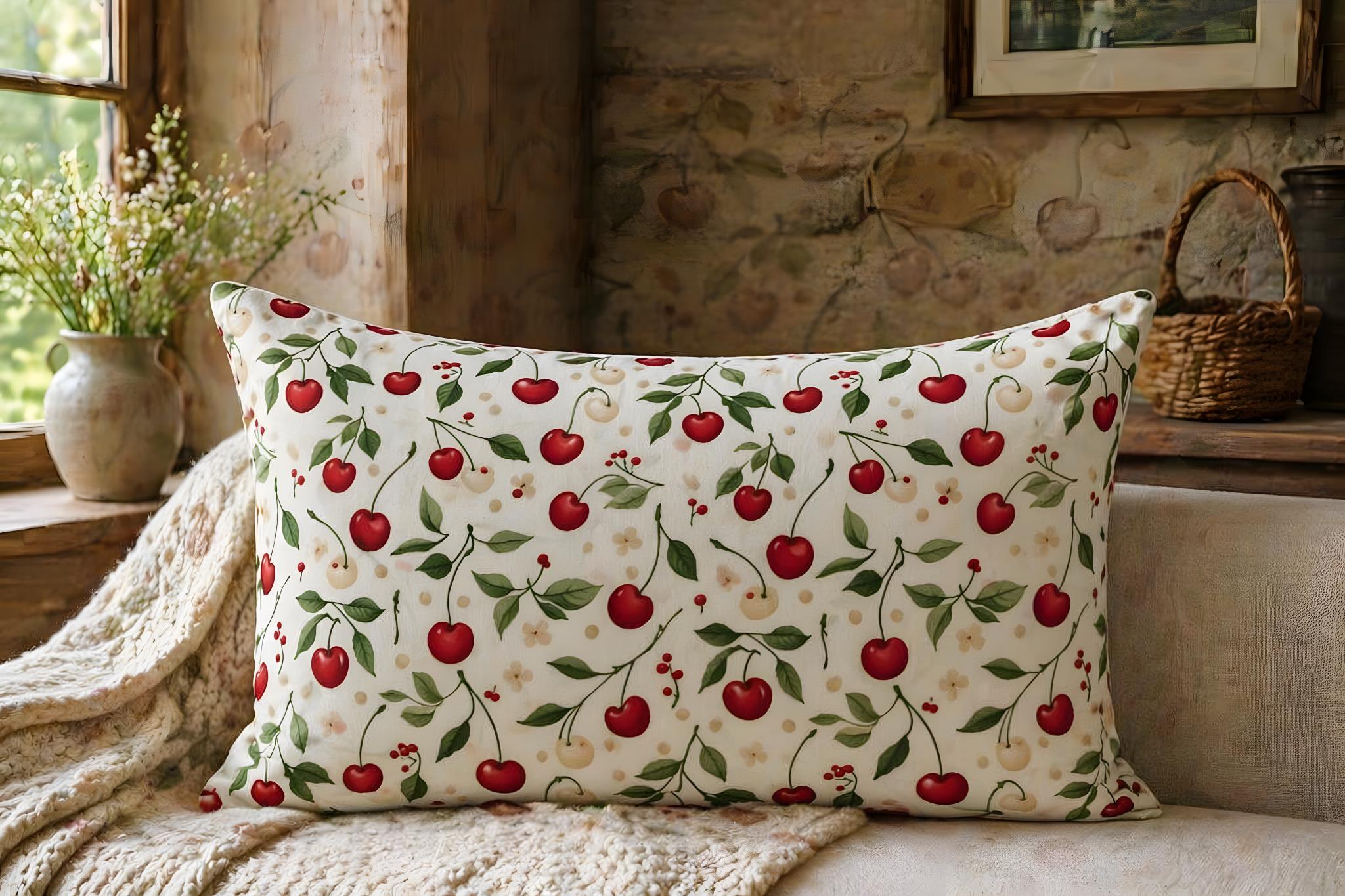 King size cherry pillow sham in a cozy cottage room with a cherry aesthetic.