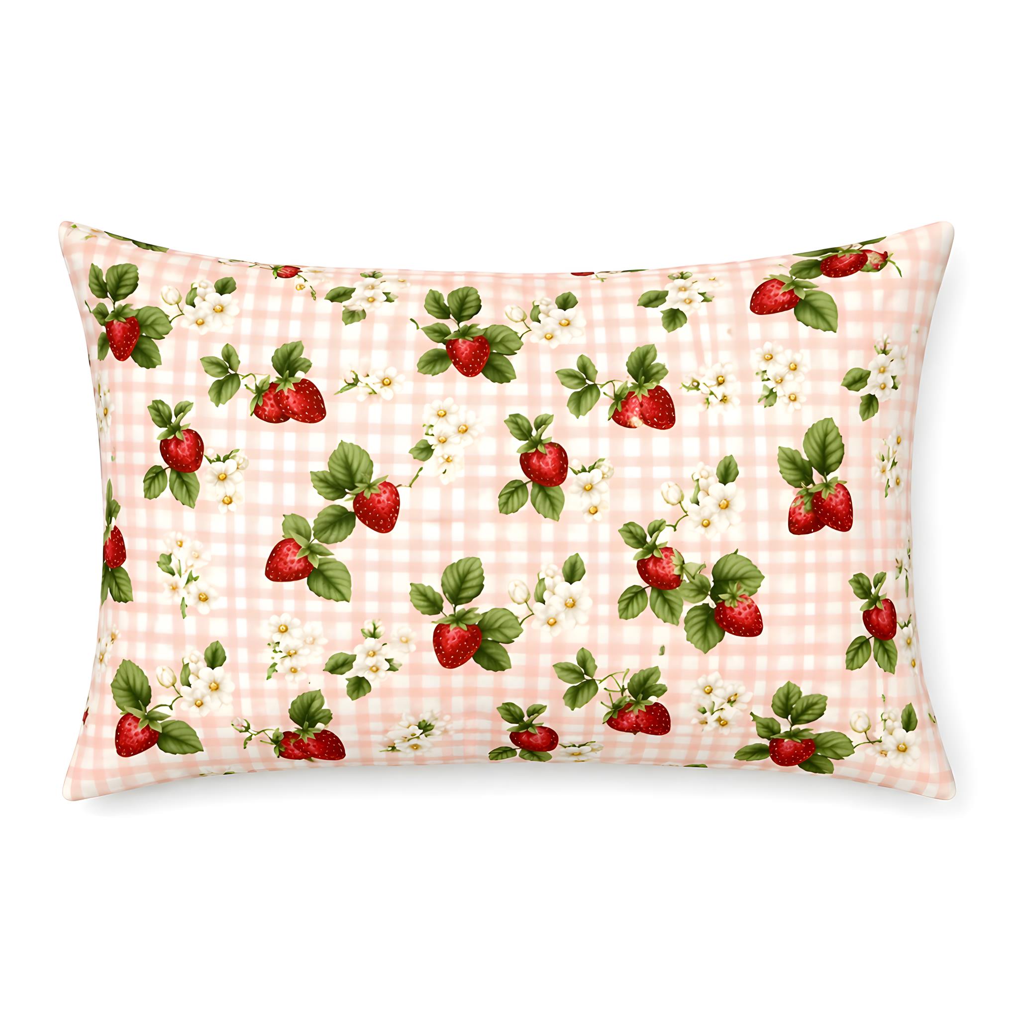 Standard pillow with a strawberry pattern on a checkered background