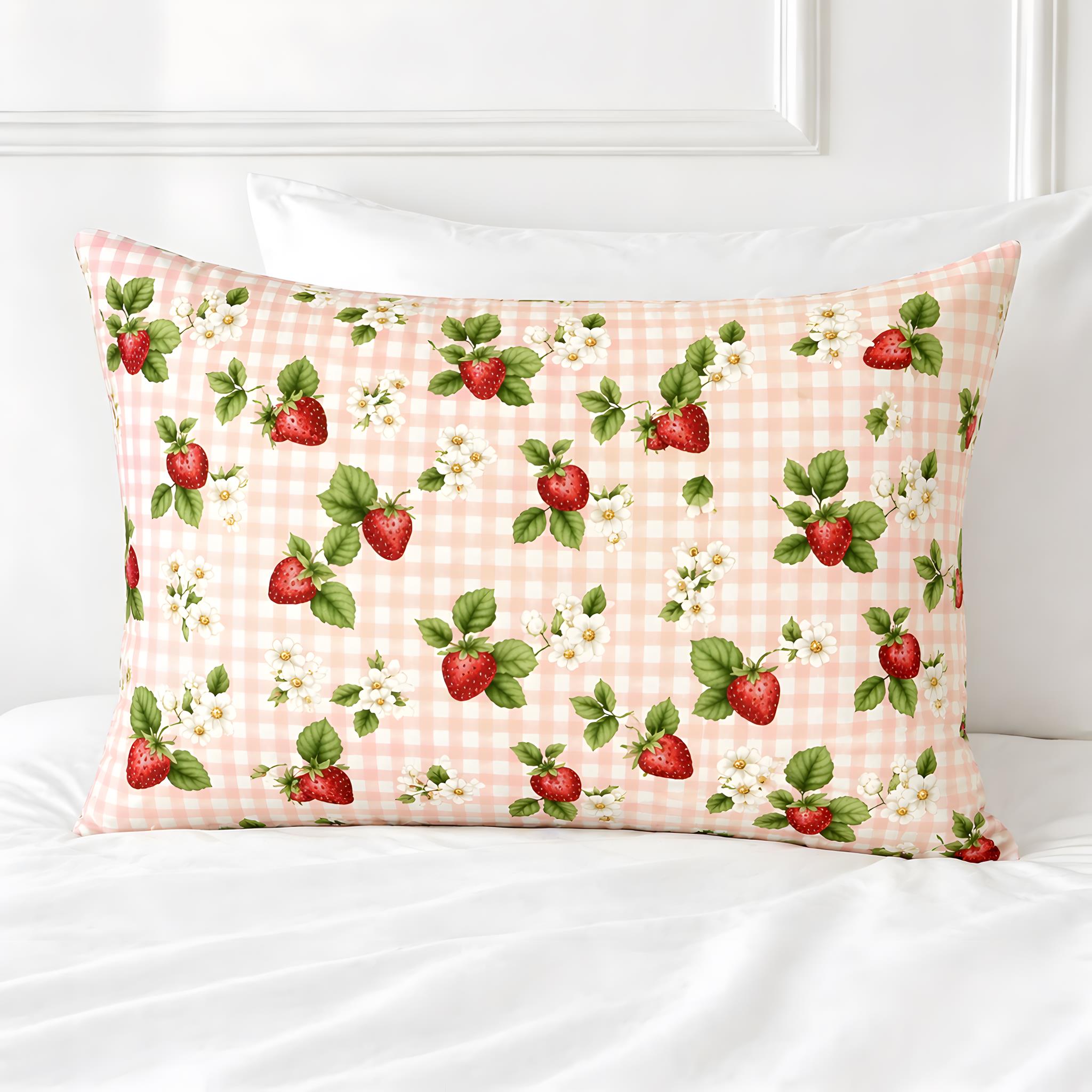 Strawberry and floral pattern cotton fabric pillow shams.