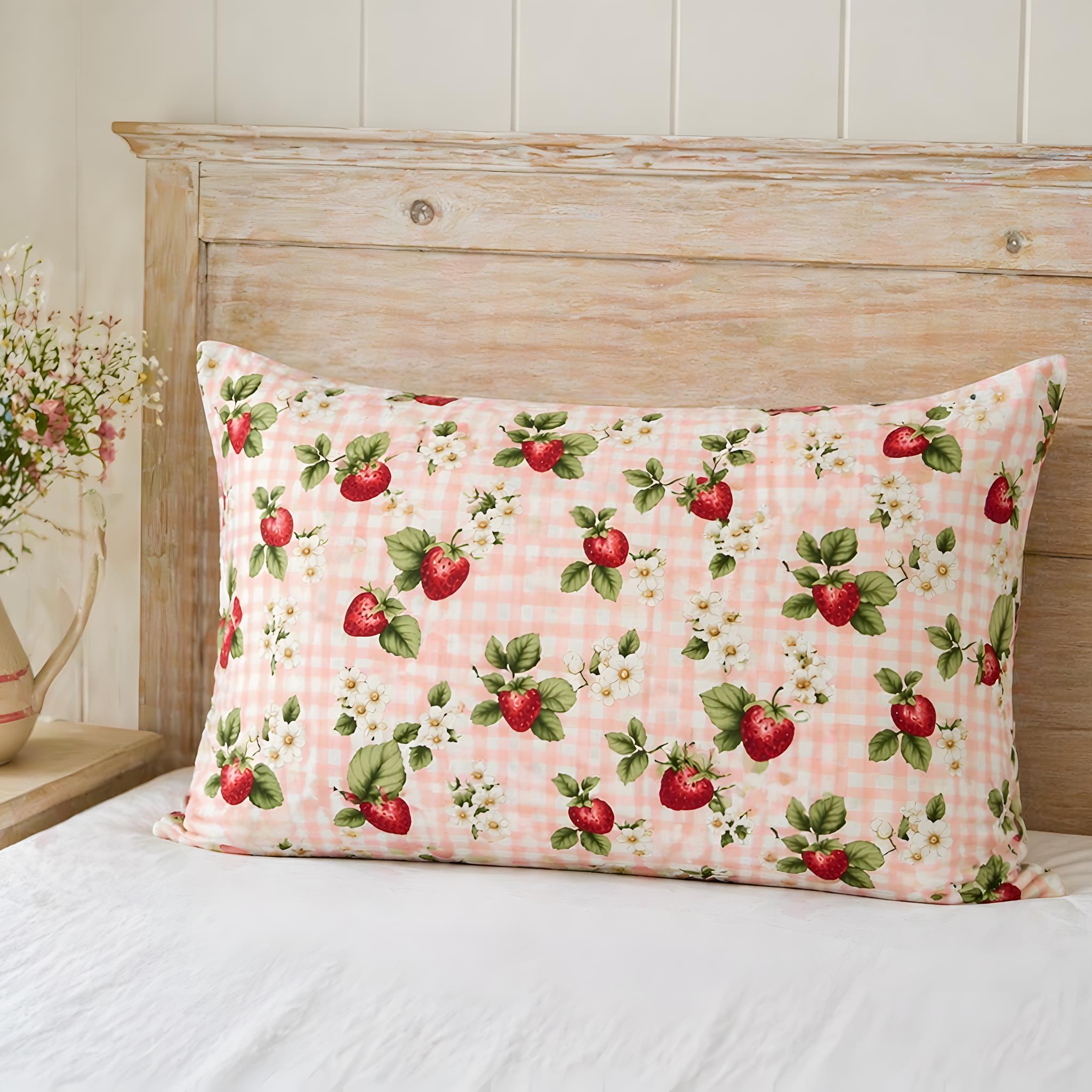 Cottage style pillowcase with strawberry pattern on a wooden bed.