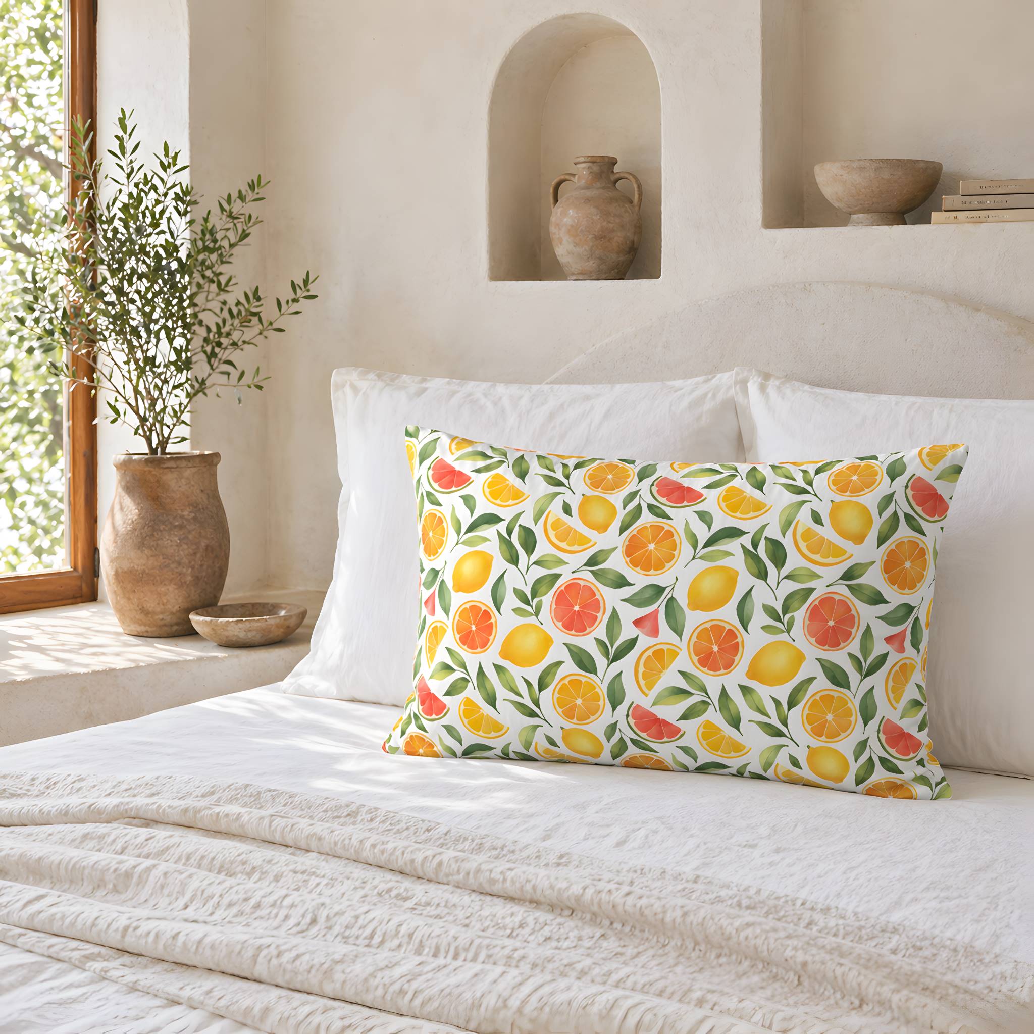 Fresh summer aesthetic bedding with Mediterranean citrus pattern.