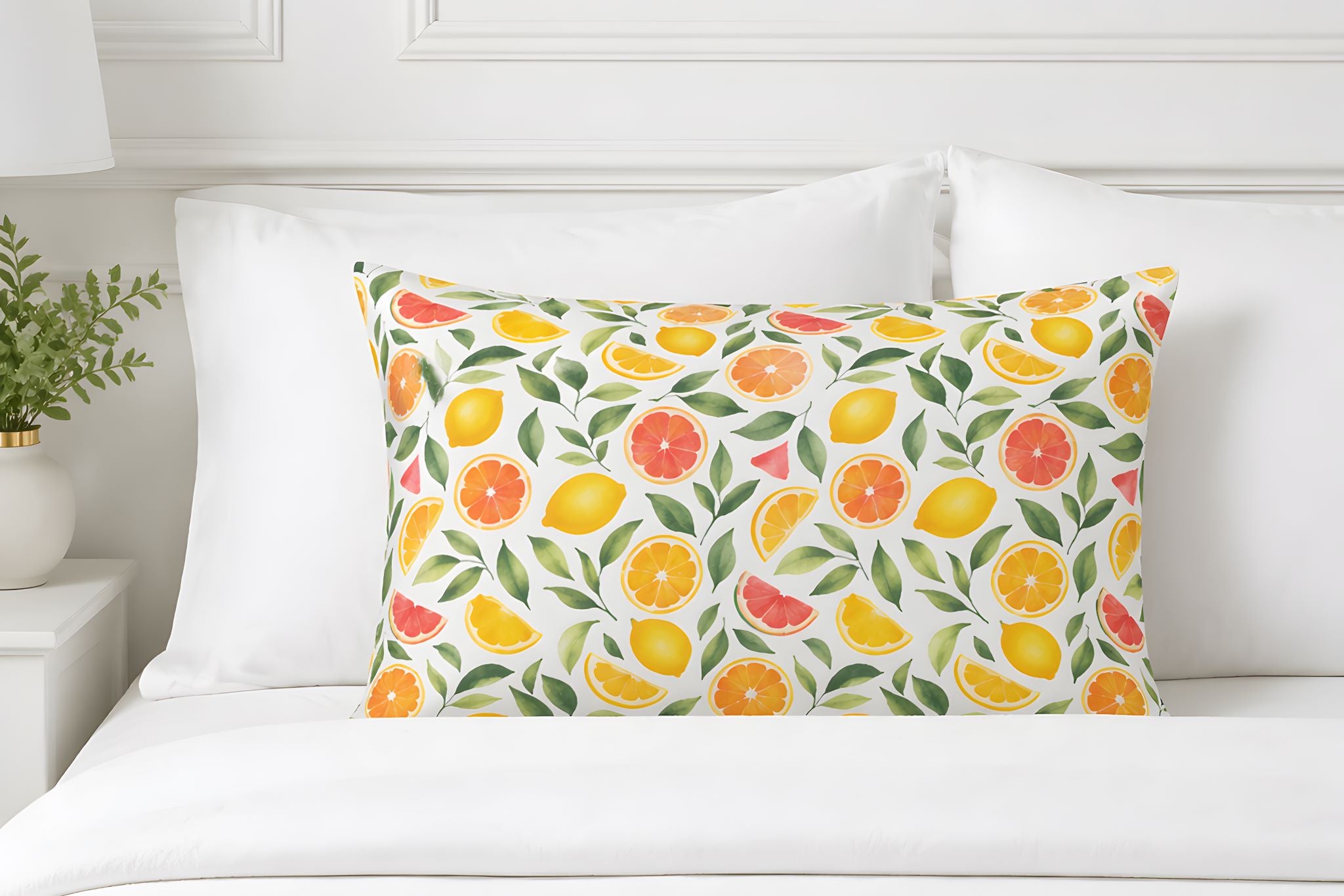 Bright lemon and orange pattern pillowcase for a Mediterranean styled bedroom.