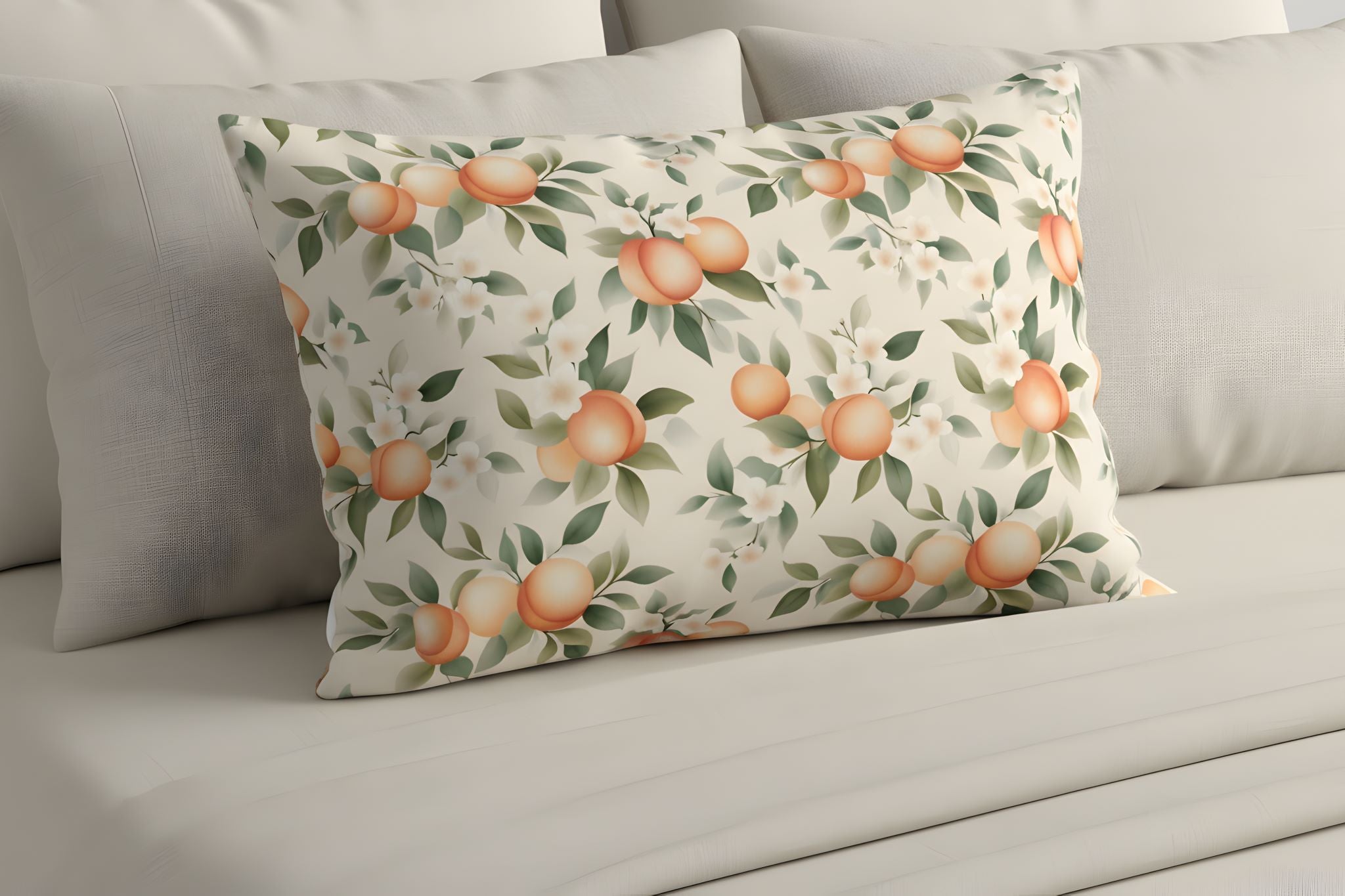 Cozy cottage bedroom with peach motif pillow sham.