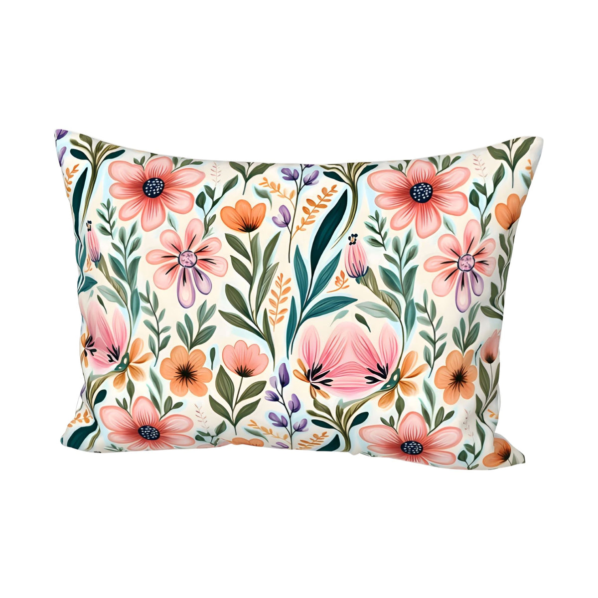 Standard size pink and orange flower pillow sham.