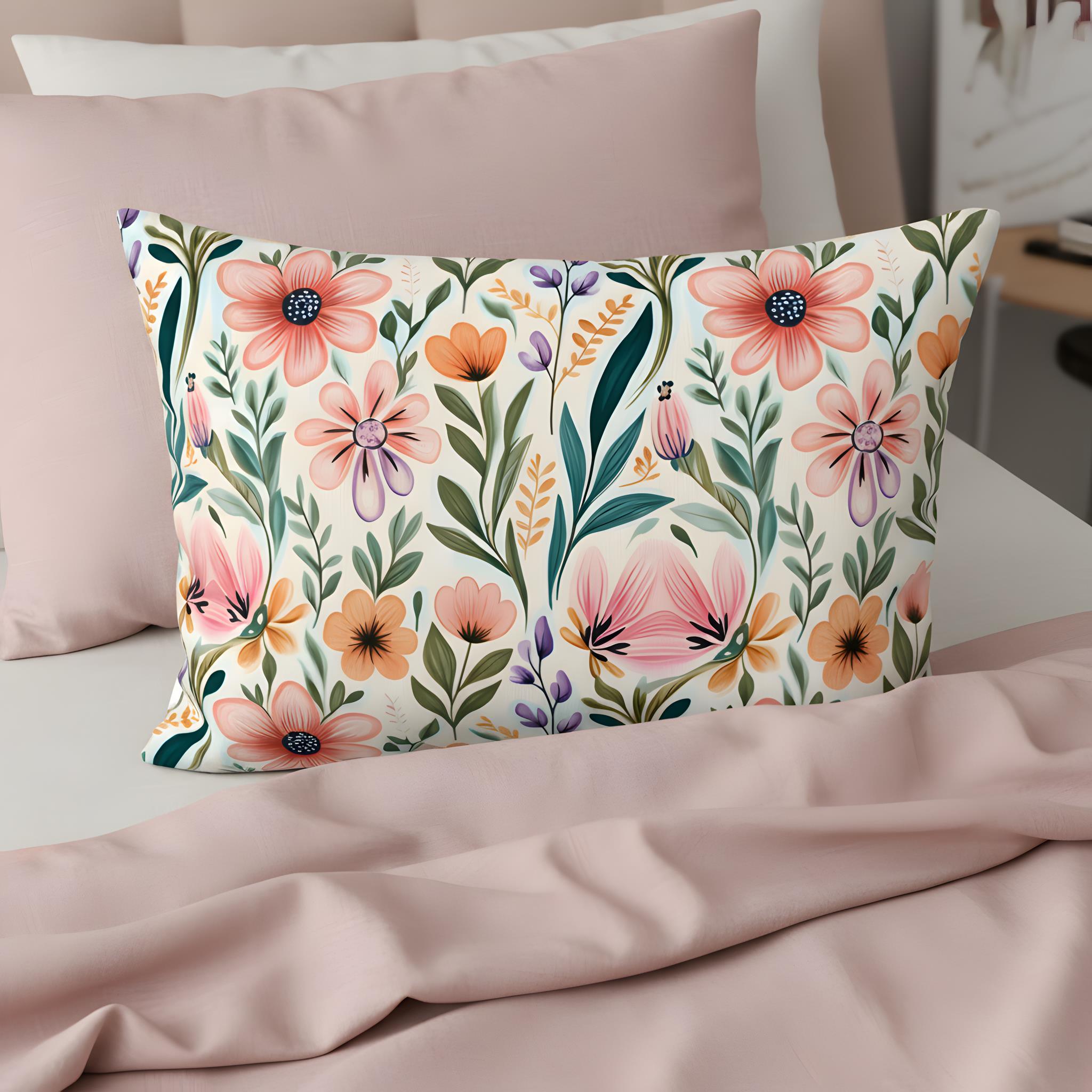 Colorful Floral pillowcase on a bed with pink bedding