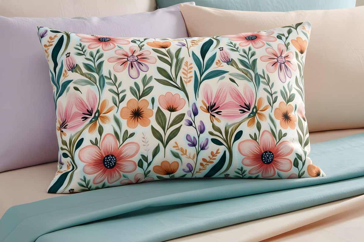 Colorful flower cotton pillow sham with orange and pink flowers with spring aesthetic bedding.