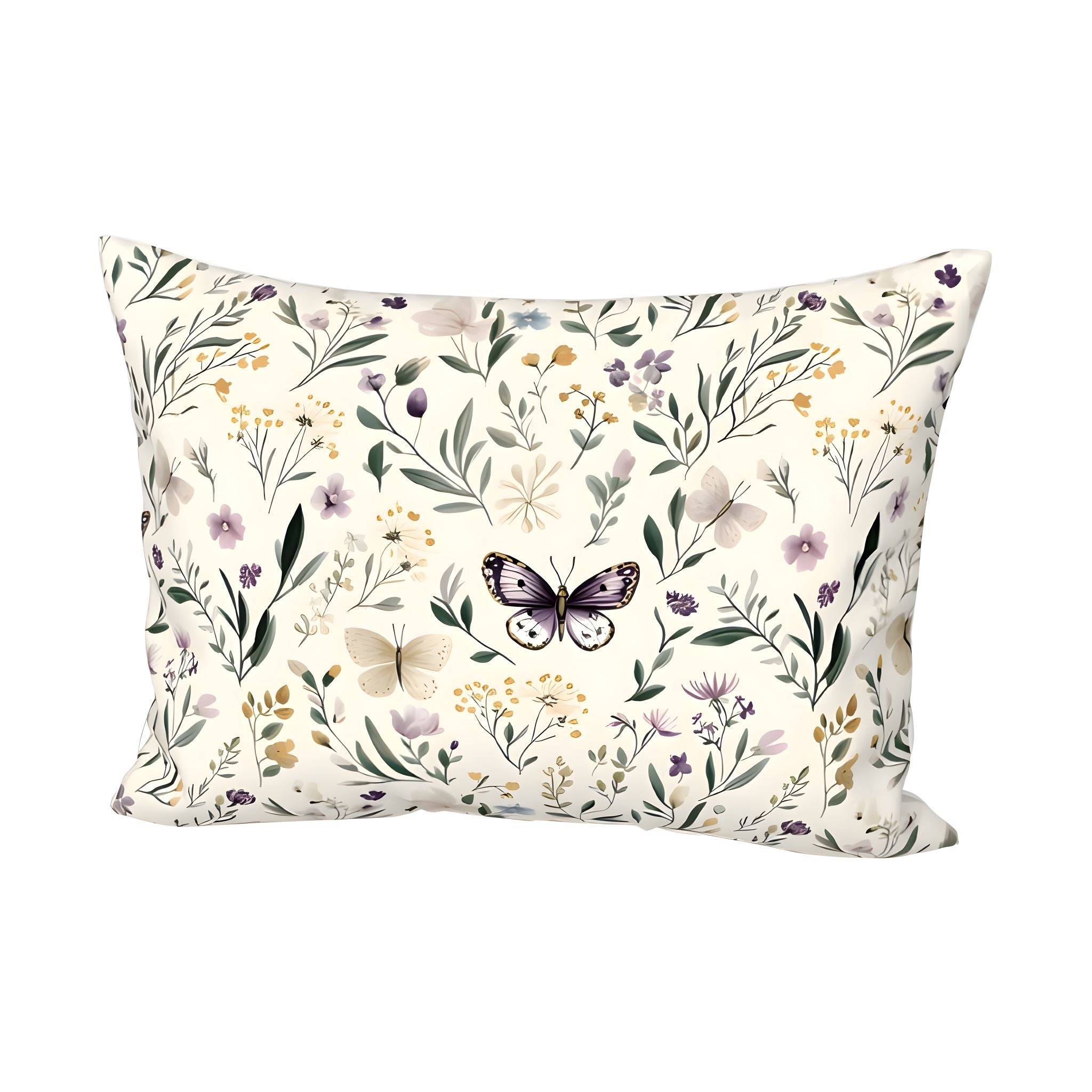 Standard size pillow with floral and butterfly pattern on a white background