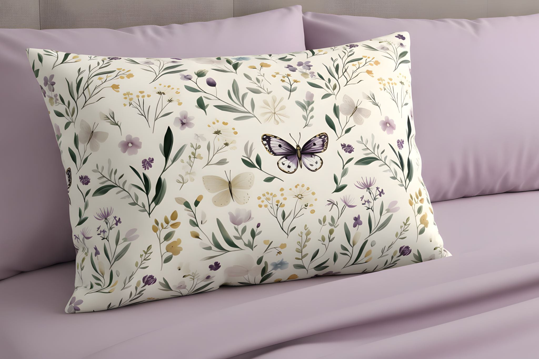 Butterfly pillow sham with flowers on a purple bed.