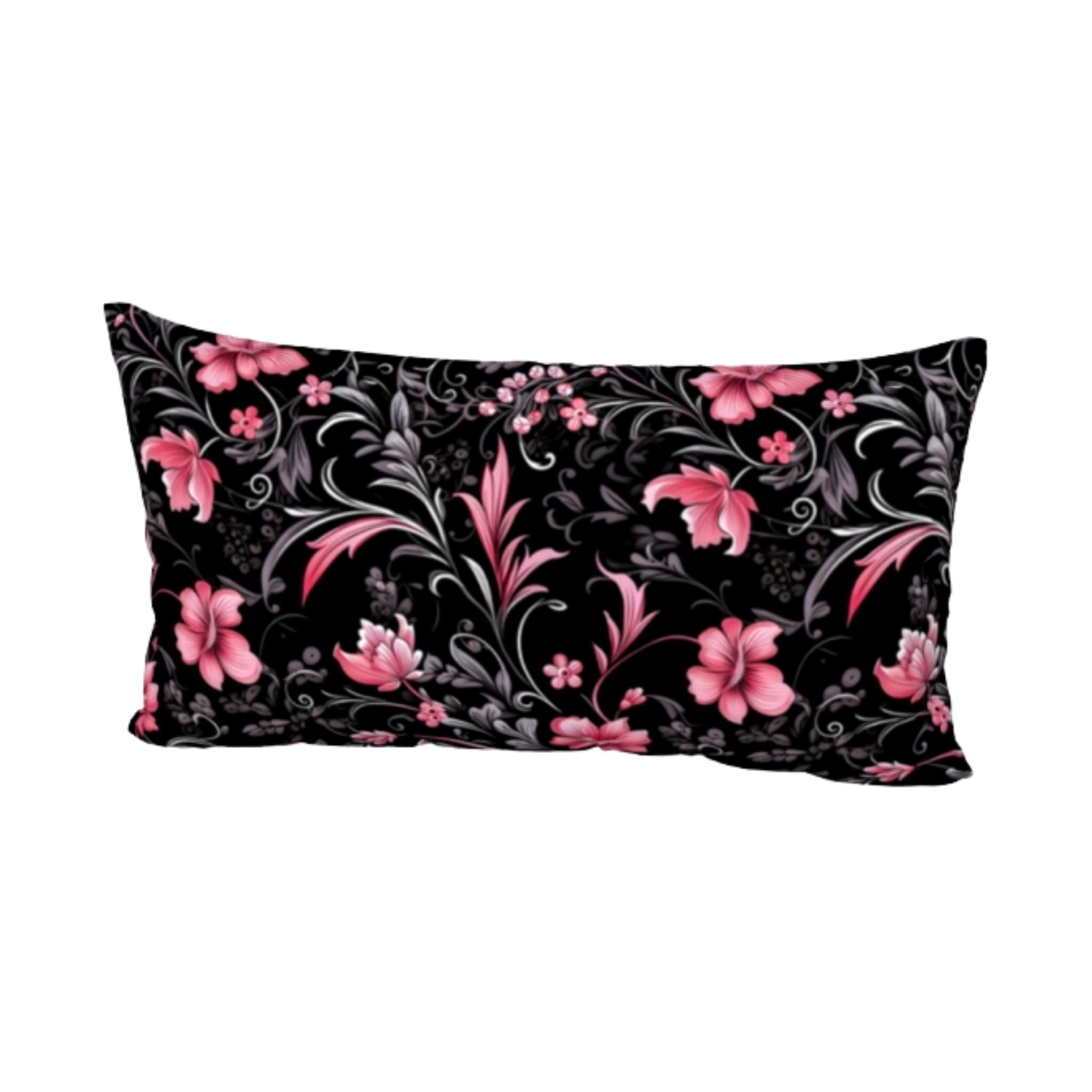 King cotton pillow sham with black and white background with pink flowers.