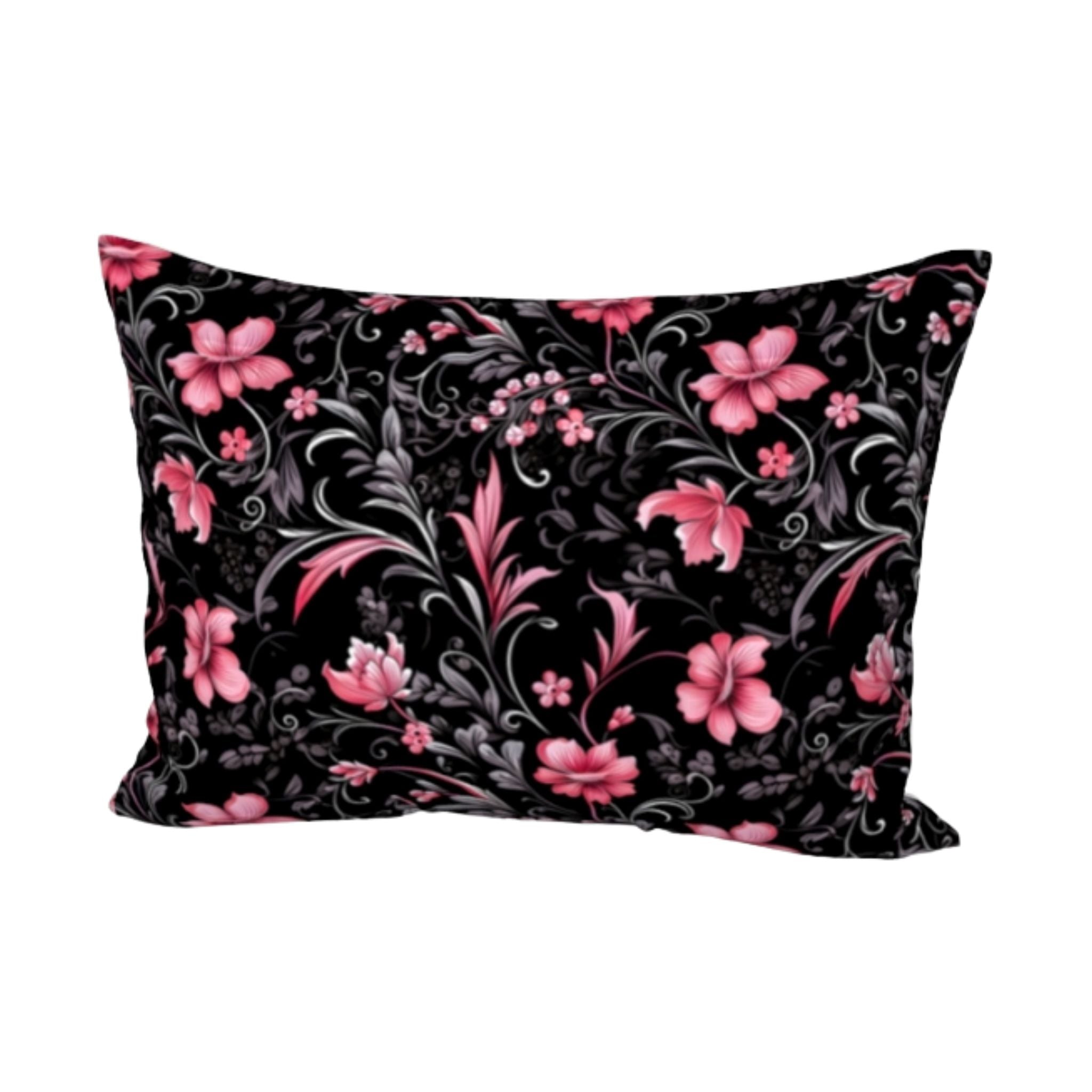 Standard cotton pillow sham with black and white background with pink flowers.