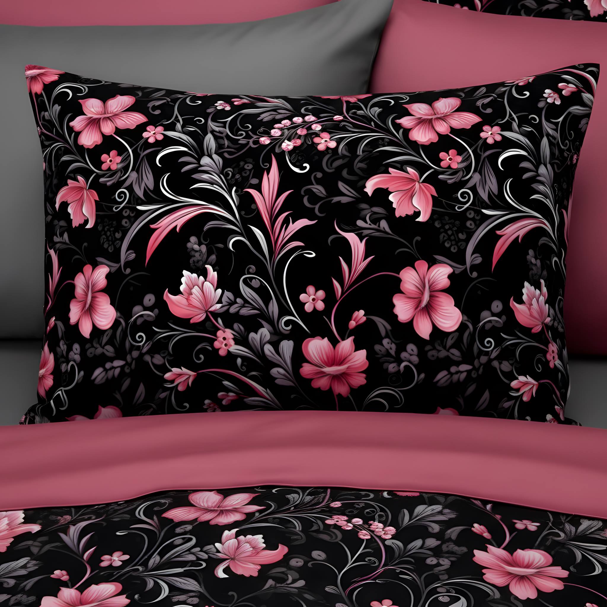 Black pillow sham with pink floral pattern in a moody bedroom.