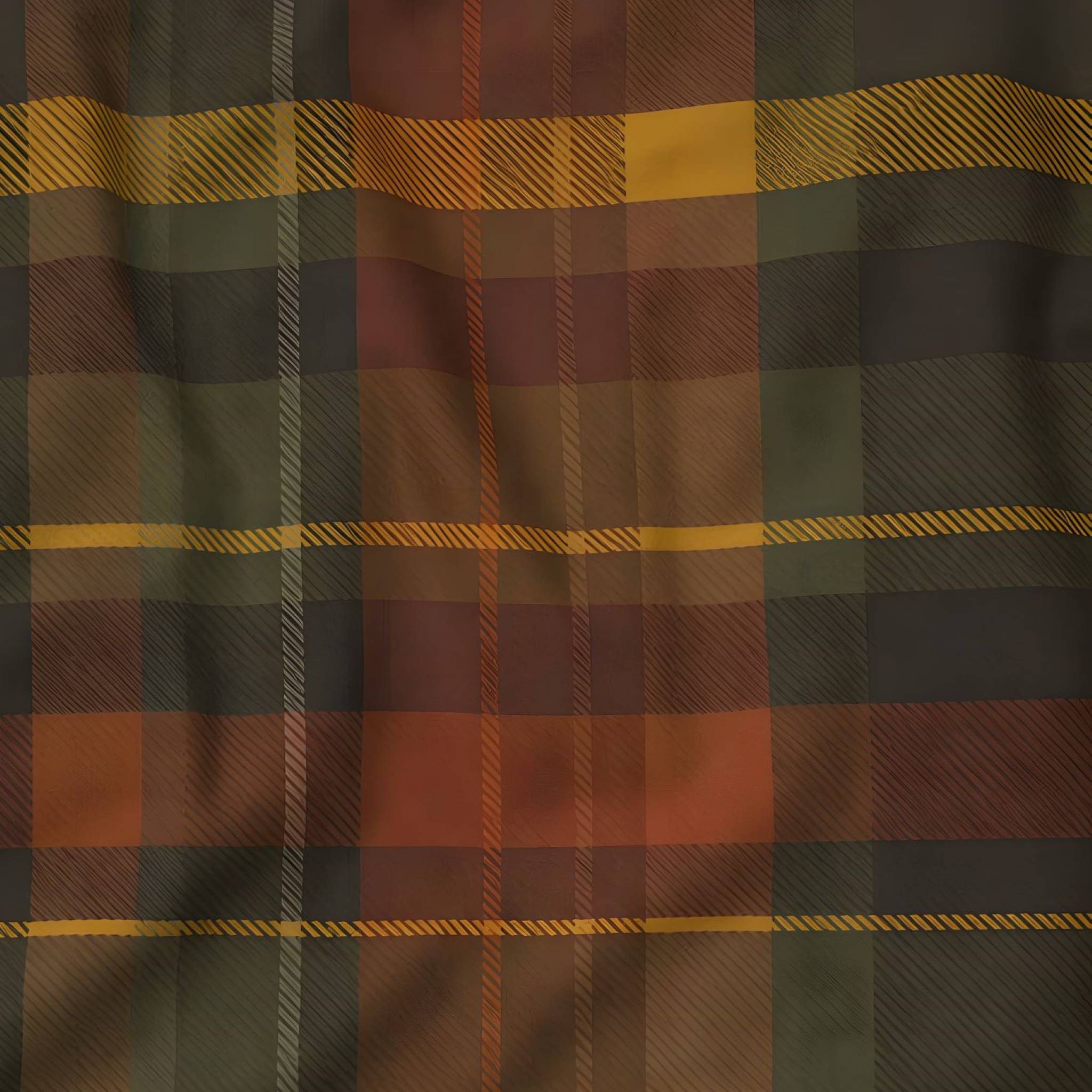 Close-up of plaid fabric with brown, green, and red colors used on pillow sham.