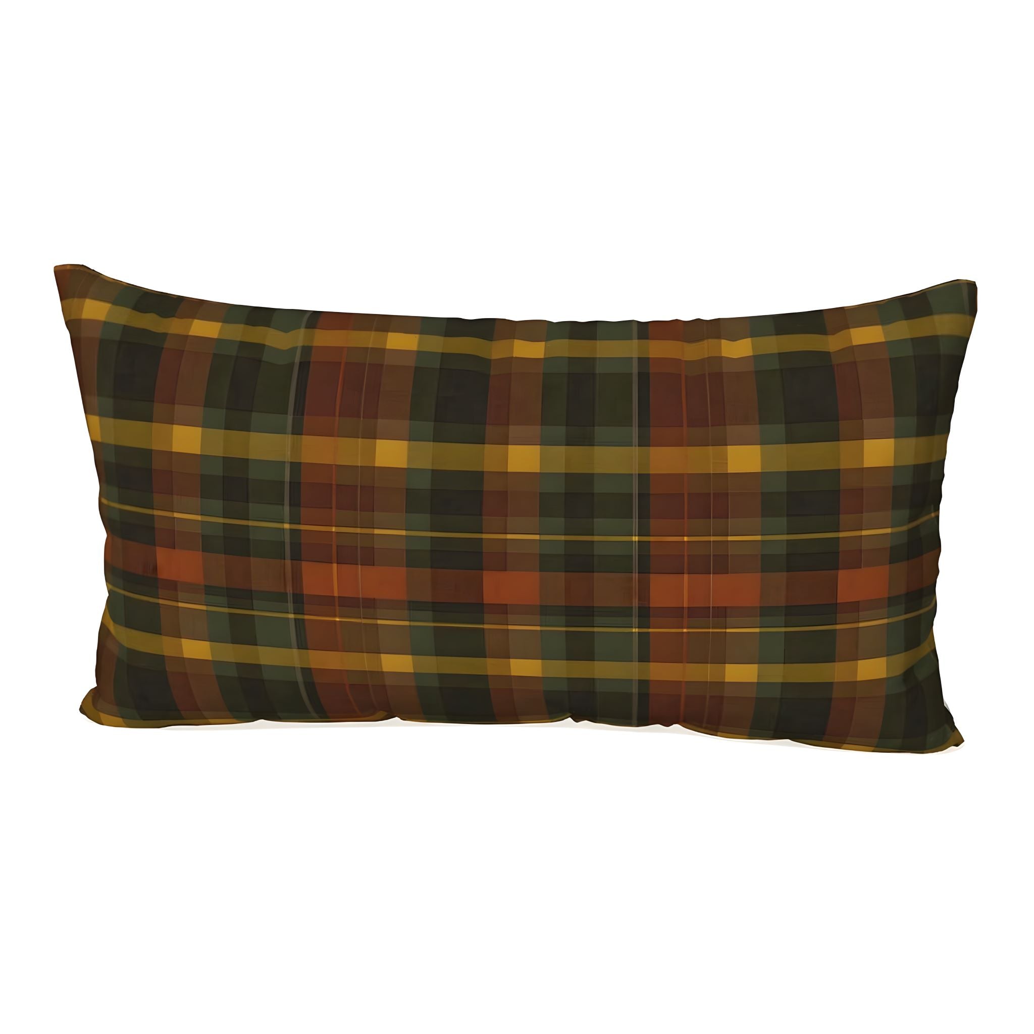 Plaid pillow in king size with green, brown, and orange colors on a white background