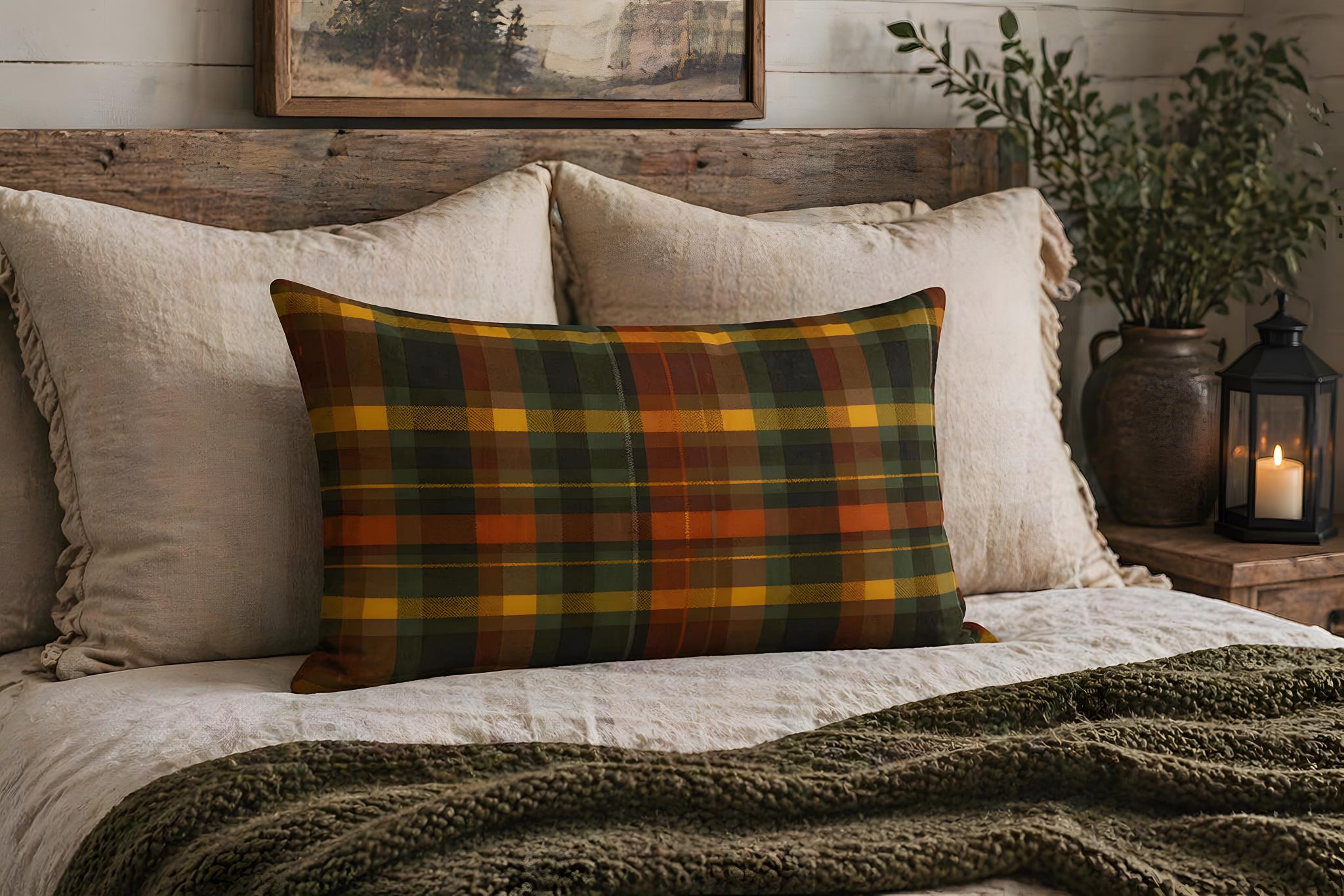 Autumn plaid pillow on a bed with a rustic wooden headboard and candle.
