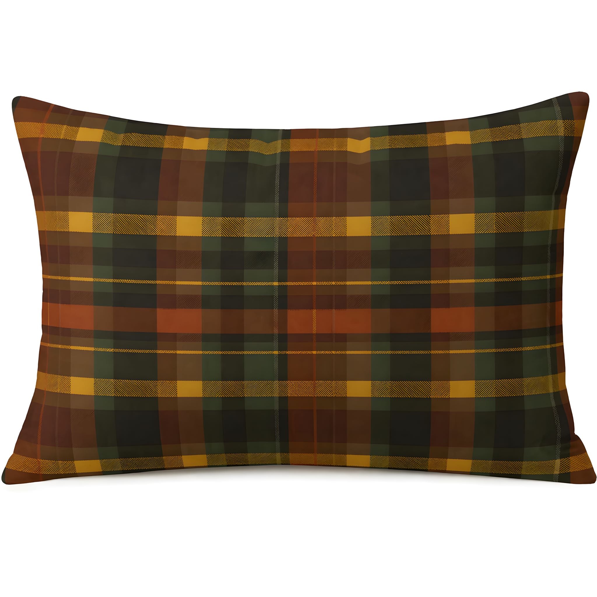 Plaid pillow in standard size with green, brown, and orange colors on a white background