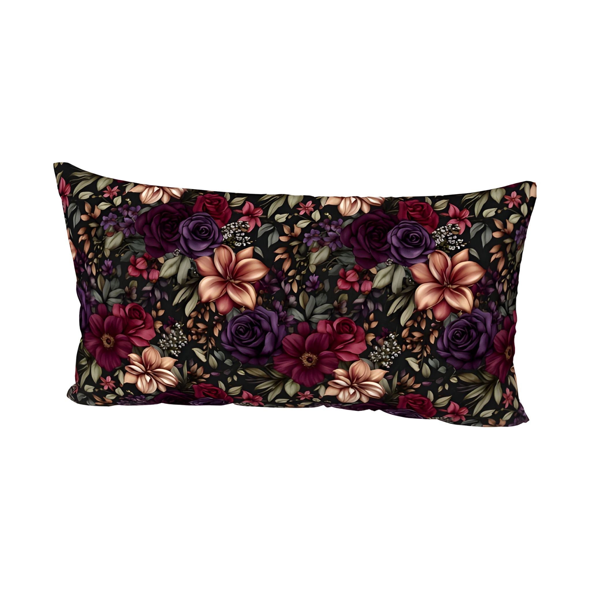 Moody Victorian styled florals in plum, copper and green colors on a king size pillow sham.