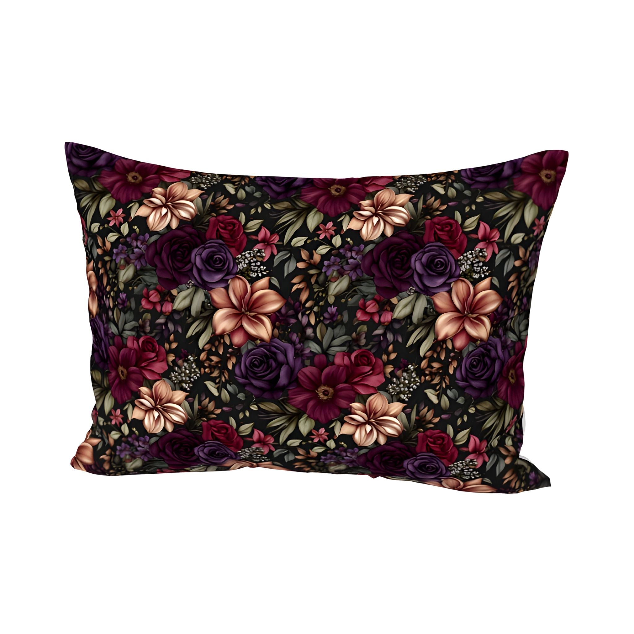 Moody Victorian styled florals in plum, copper and green colors on a standard size pillow sham.
