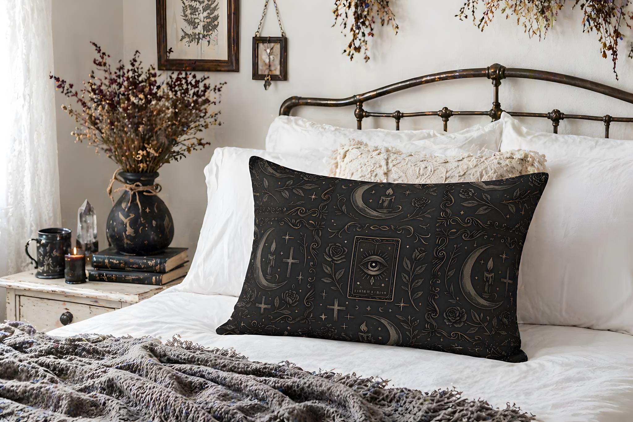 Whimsigoth tarot pillow on a bed in a gothic bedroom.