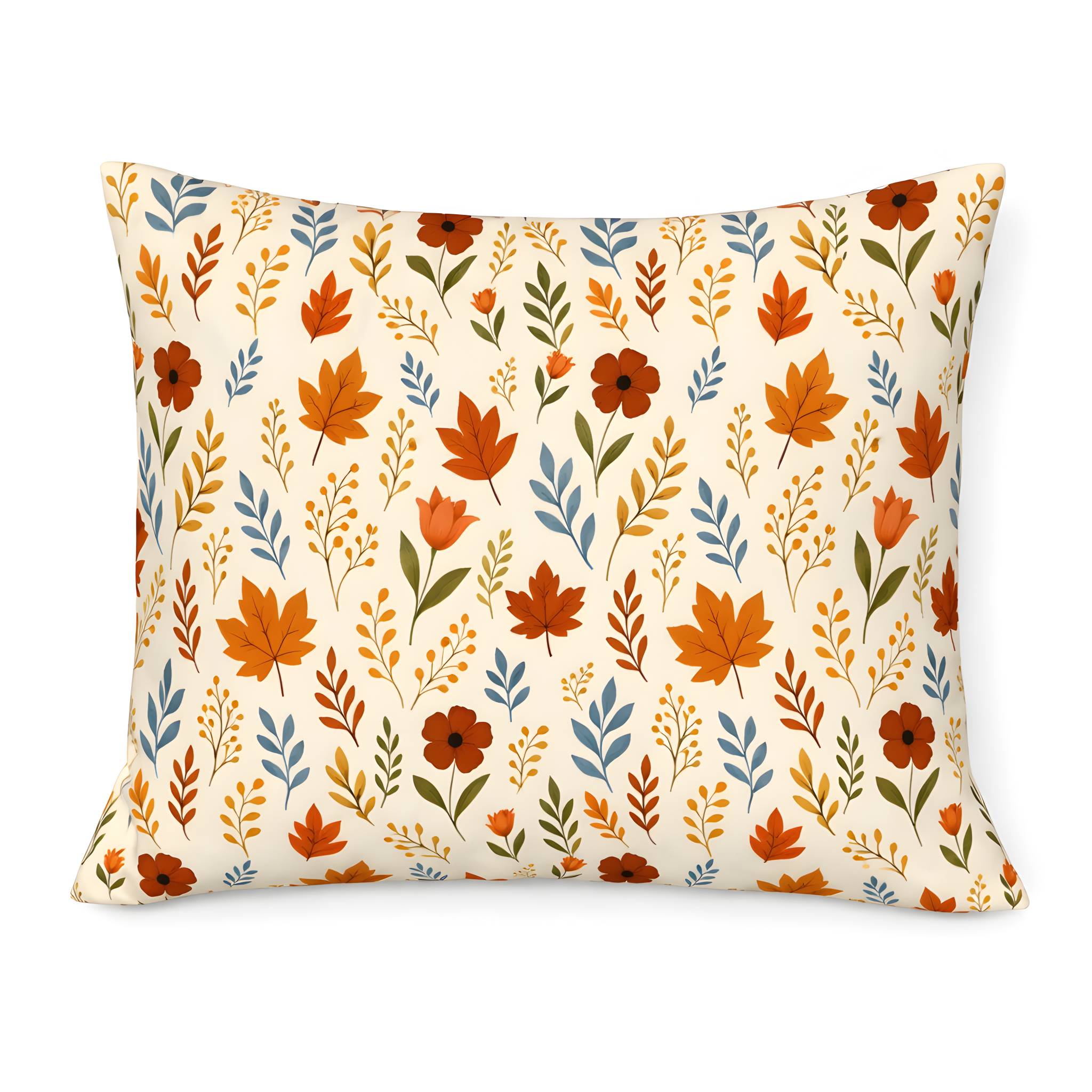 Autumn pillow with fall leaves in a pattern on a standard size sham.