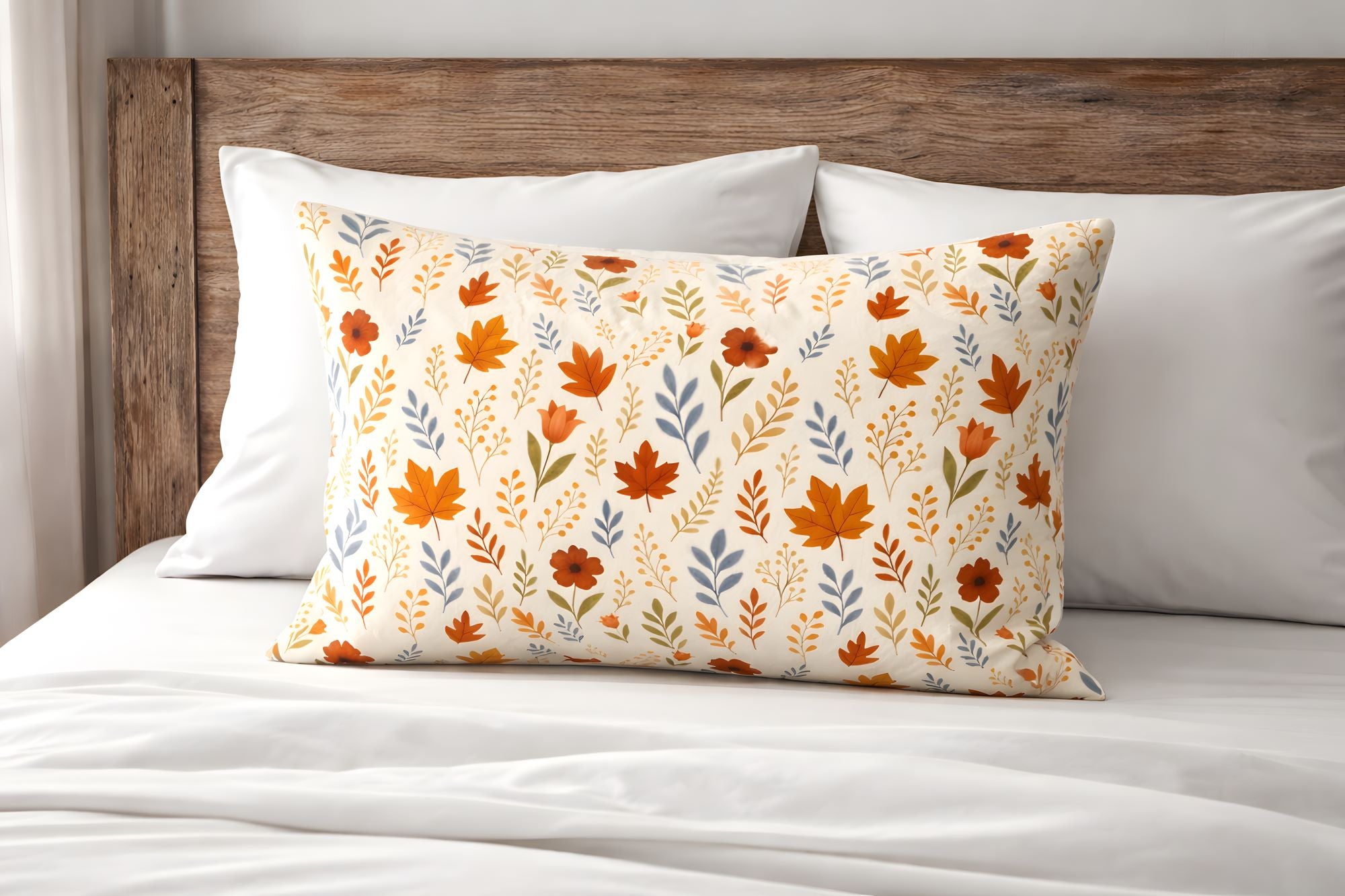 King size pillow sham with a fall leaf pattern on a cottage Autumn bed.