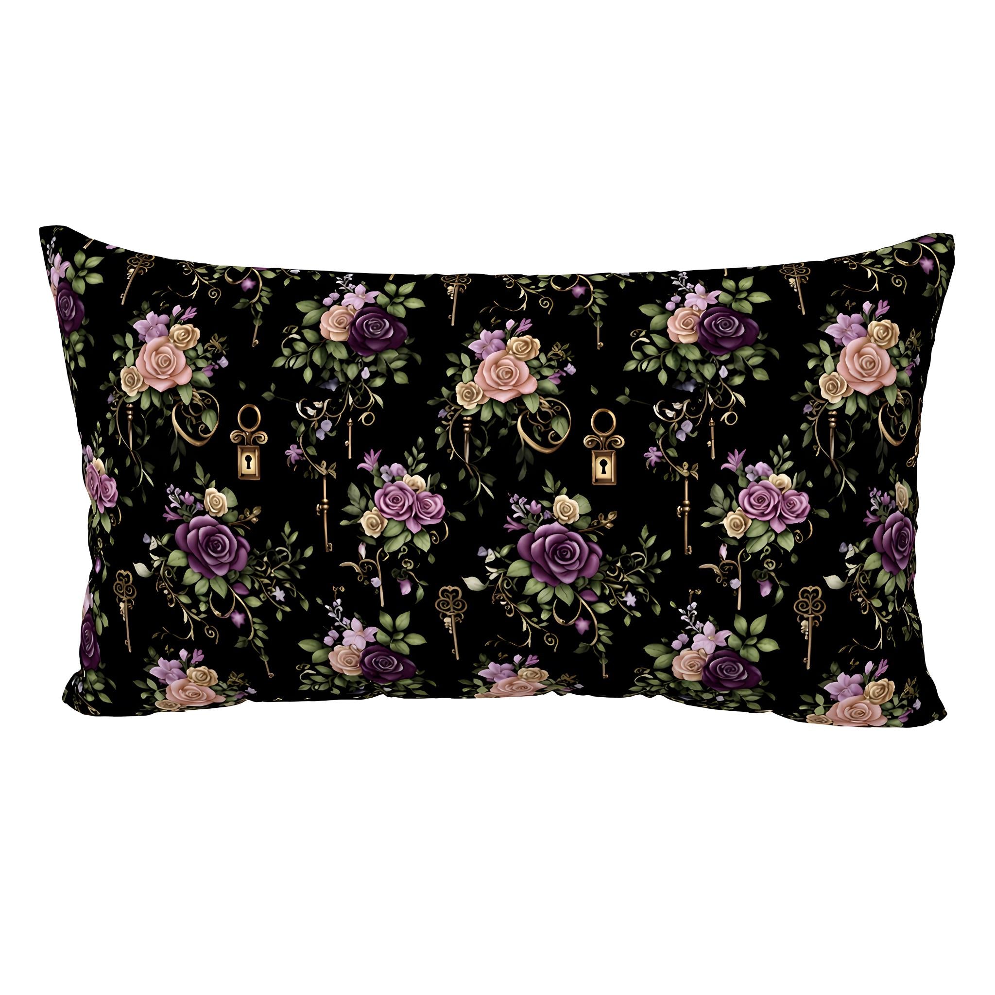 Floral and key patterned pillowcase on a black background in king size.