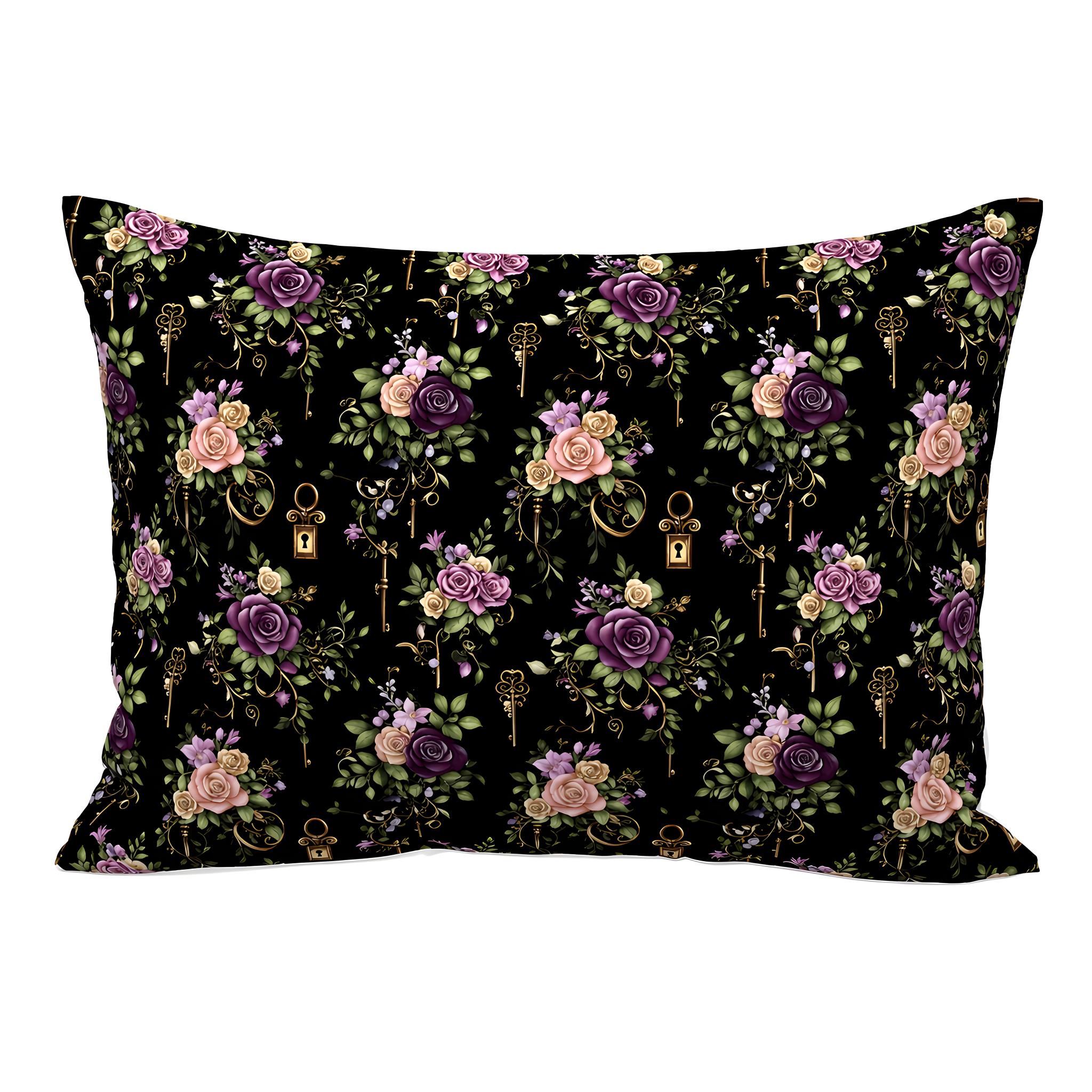 Floral and key patterned pillowcase on a black background in standard size.