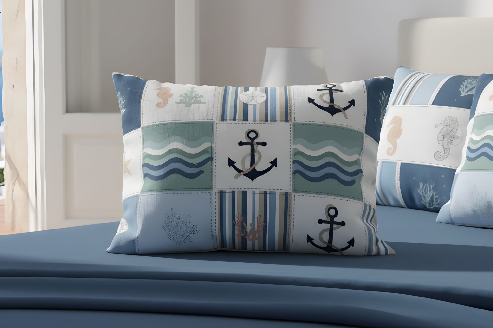 Coastal Patchwork pillow sham with anchor design on blue and white bed in Mediterranean style.