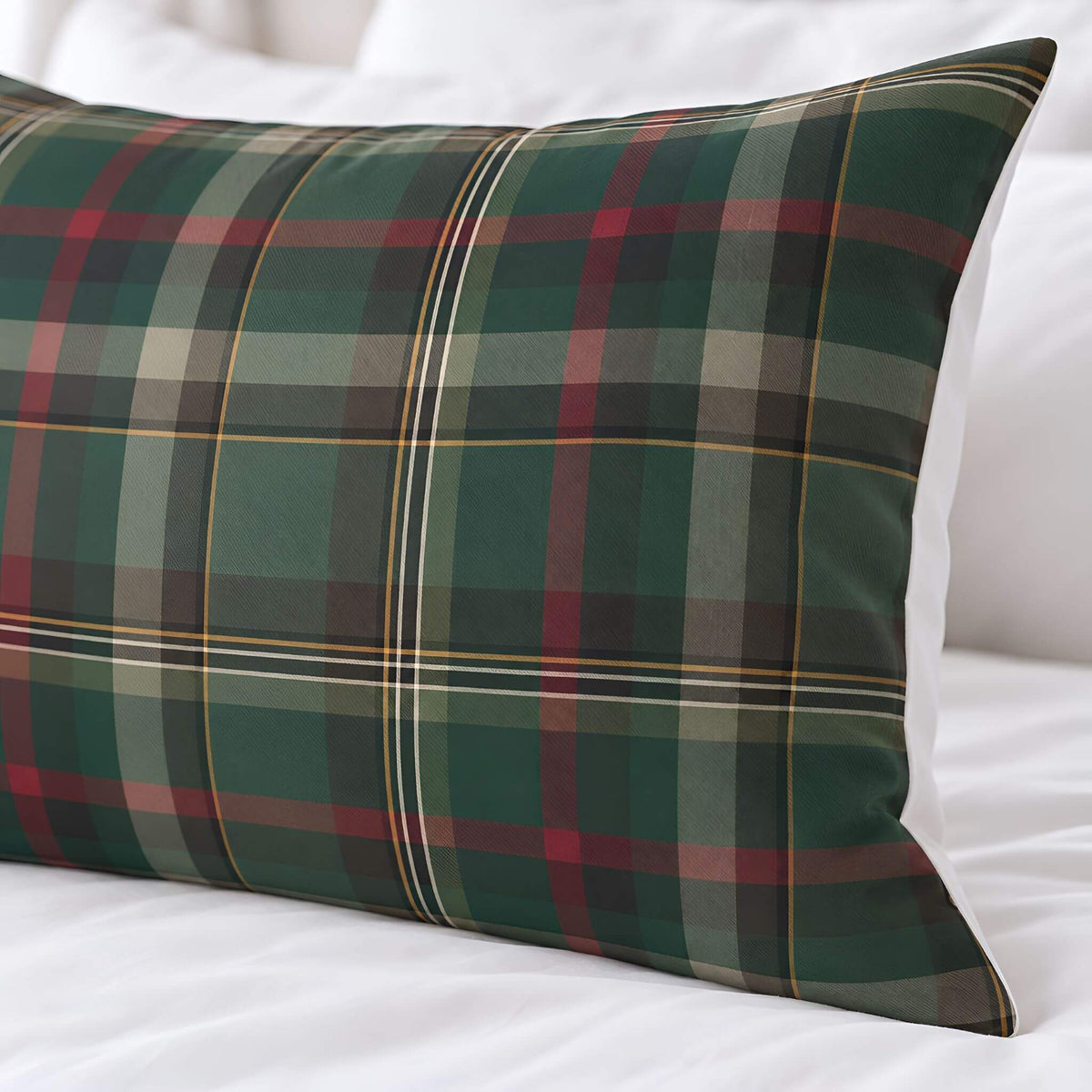 Angled view of the green tartan plaid pillow sham showing burgundy bands and fine gold lines.