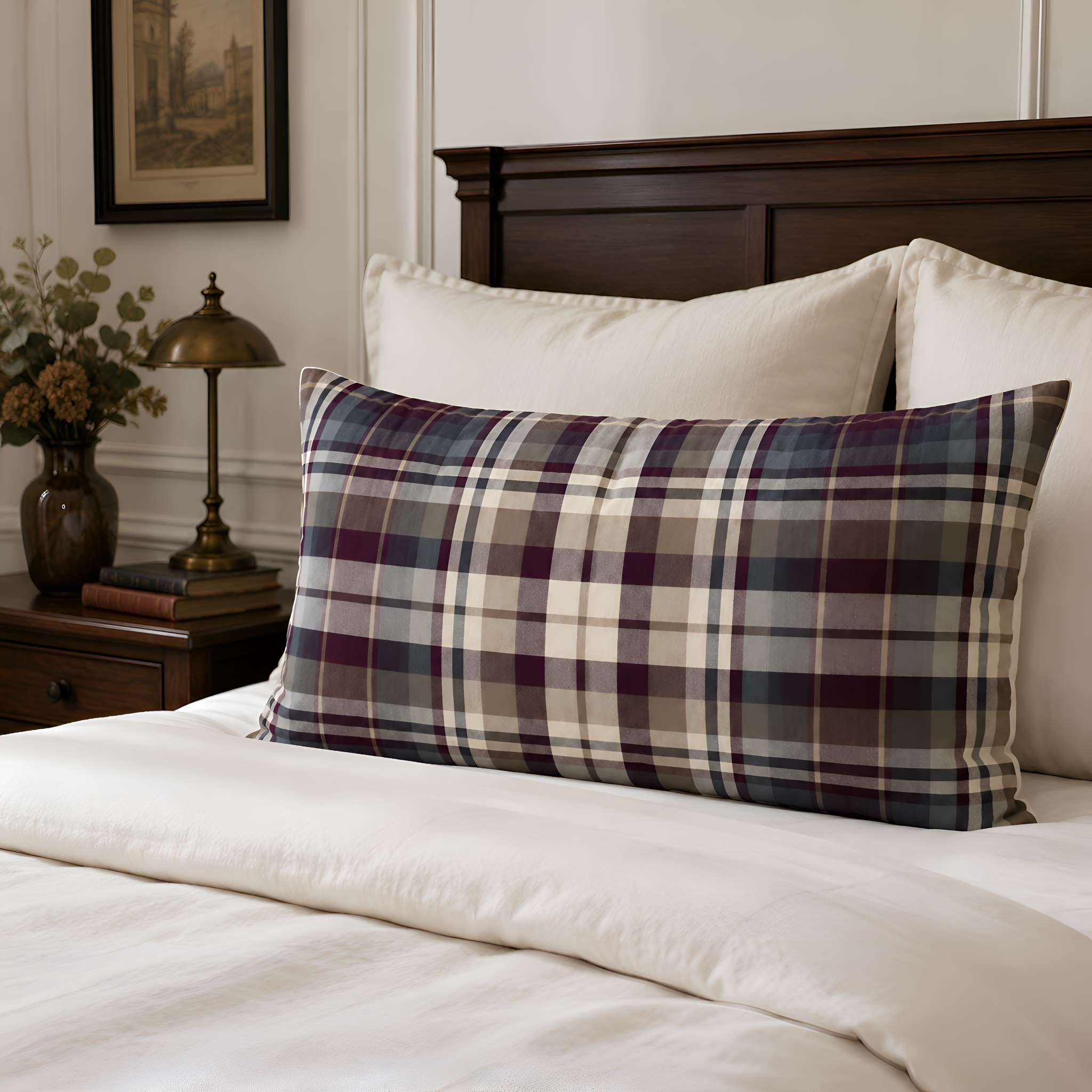 A rectangular plaid throw pillow in a muted tartan pattern of navy, burgundy, beige, and gray, styled on a white bed with a dark wood headboard in a bedroom setting.