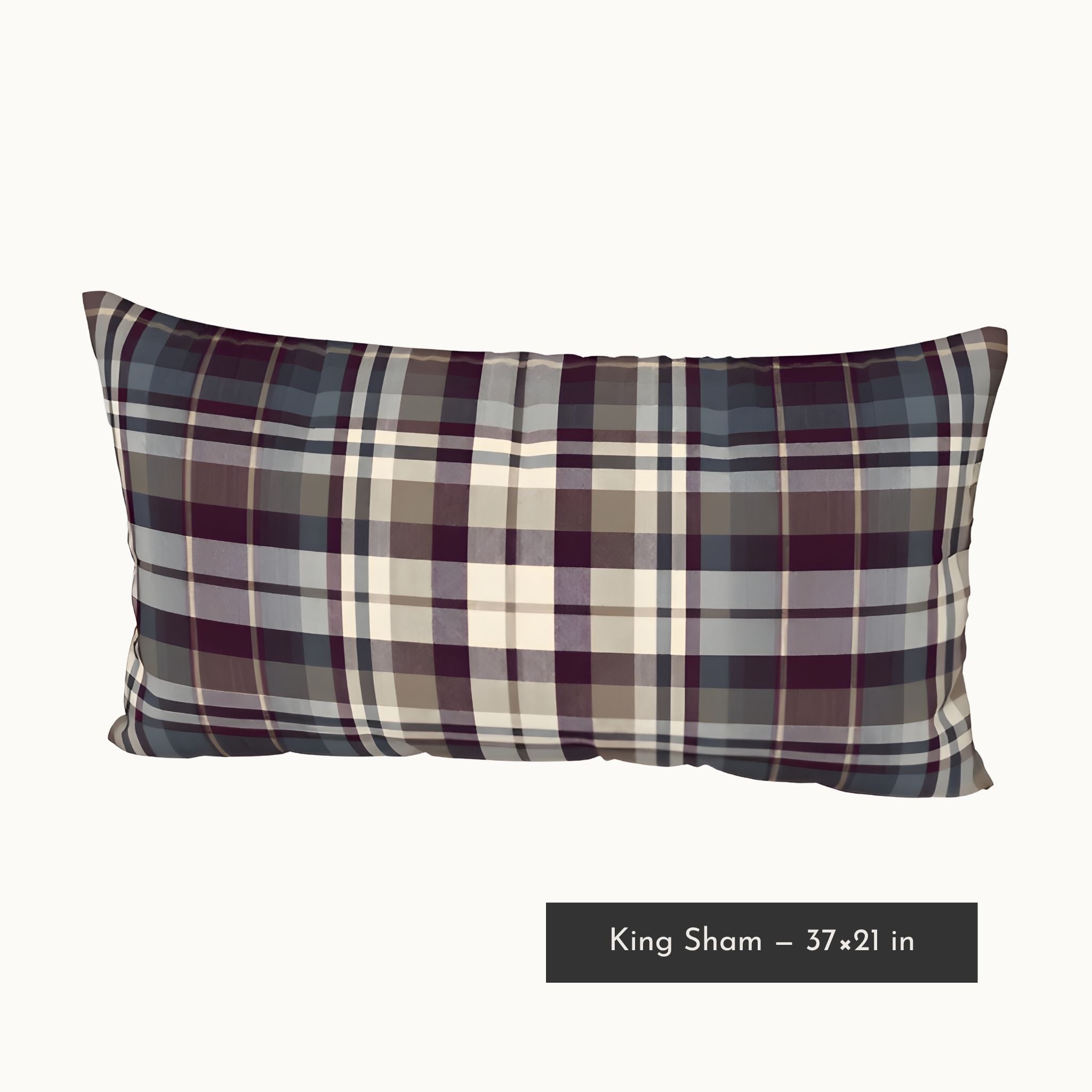 King eggplant plaid pillow sham measuring 37 by 21 inches.