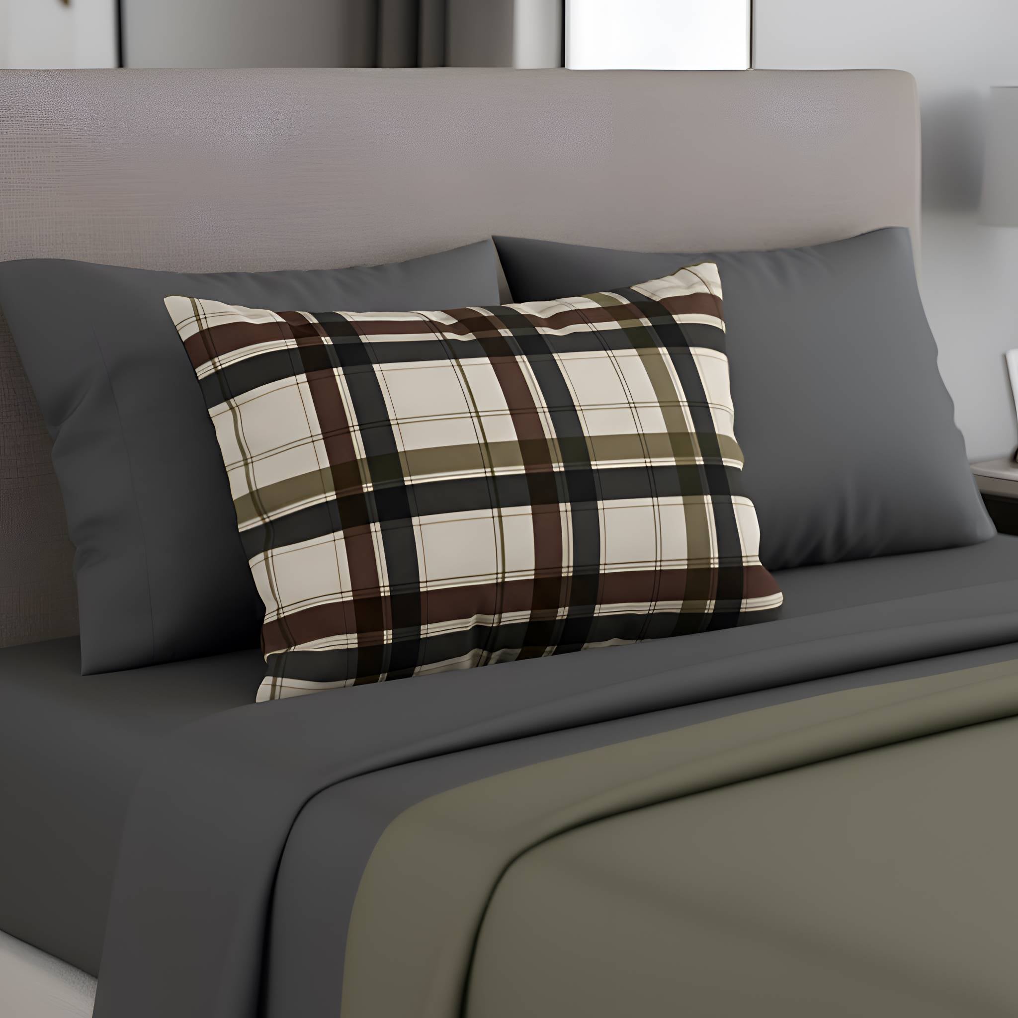 Brown, olive, charcoal, and cream plaid pillow sham styled with charcoal bedding.