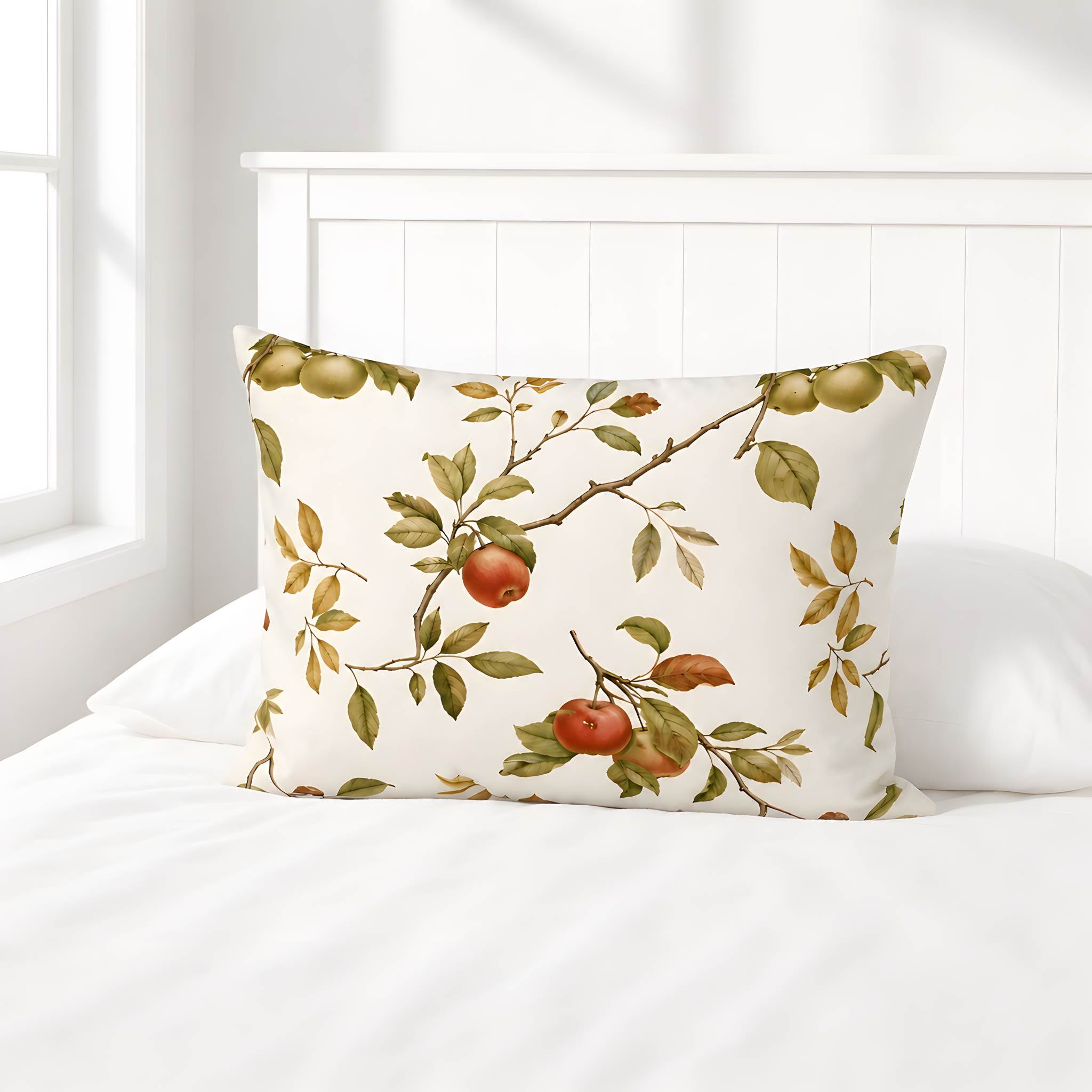 A standard bed pillow sham with a vintage apple branch print, resting on a white bed in front of a white headboard.