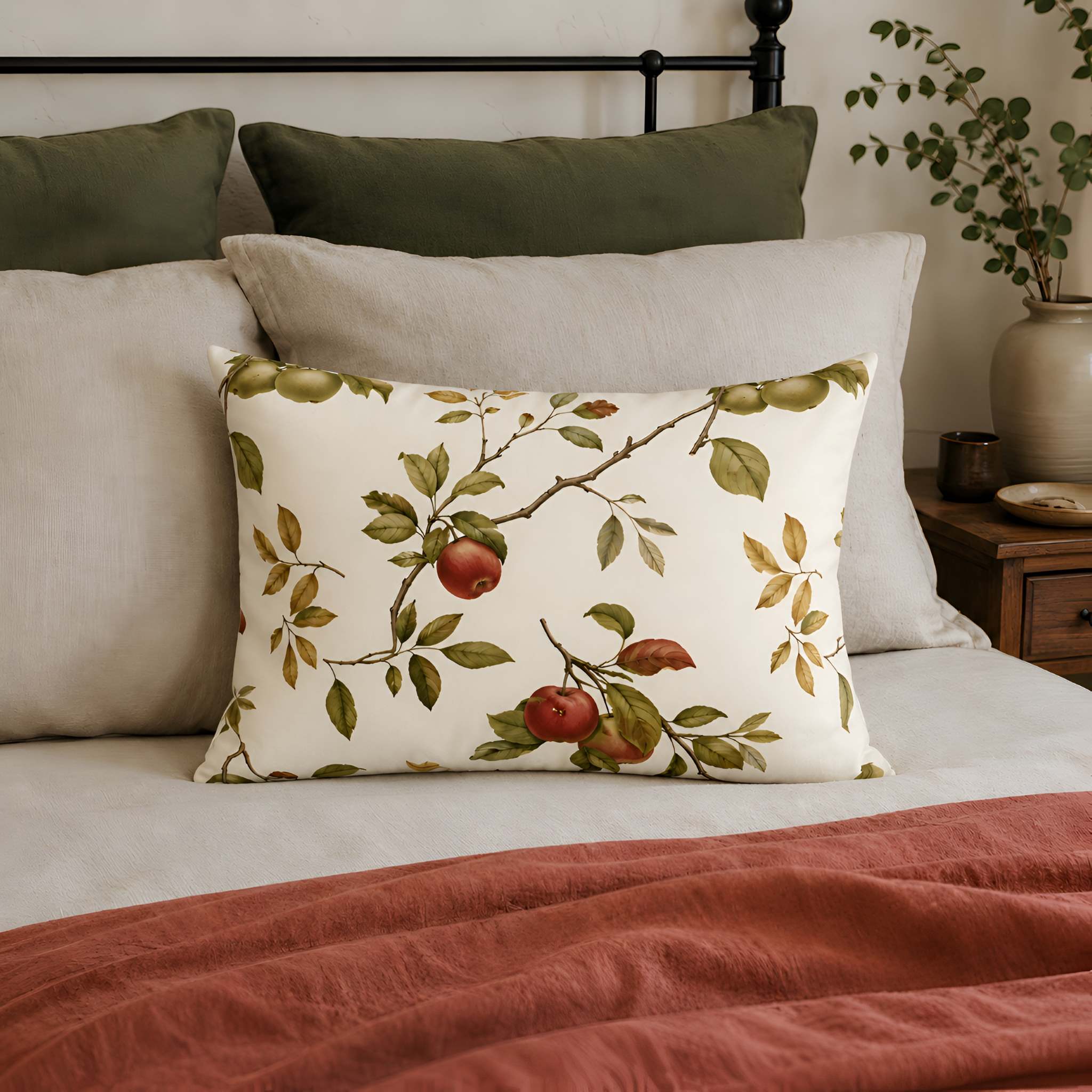 A standard bedroom pillow cover with a cream background and a botanical apple print, styled on a bed with neutral pillows and a rust-colored blanket.