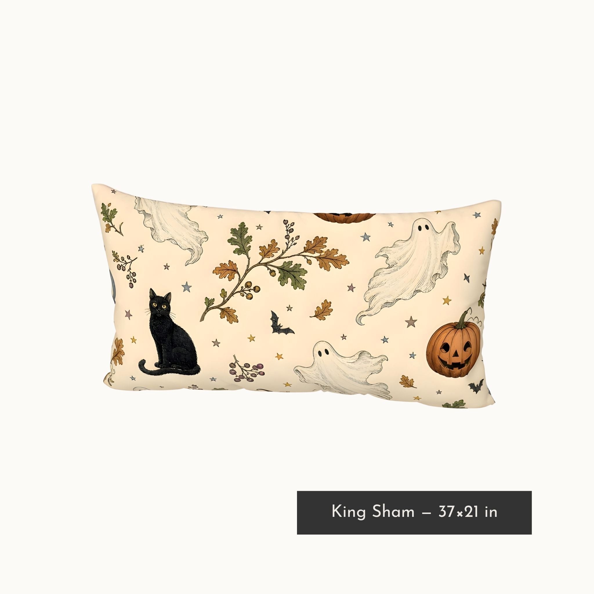 A pillow sham for king bedding, with a Halloween-themed print on a cream background, featuring a black cat, white ghosts, a jack-o'-lantern, leaves, and stars. A black text label at the bottom reads 'King Sham - 37"x21"'.