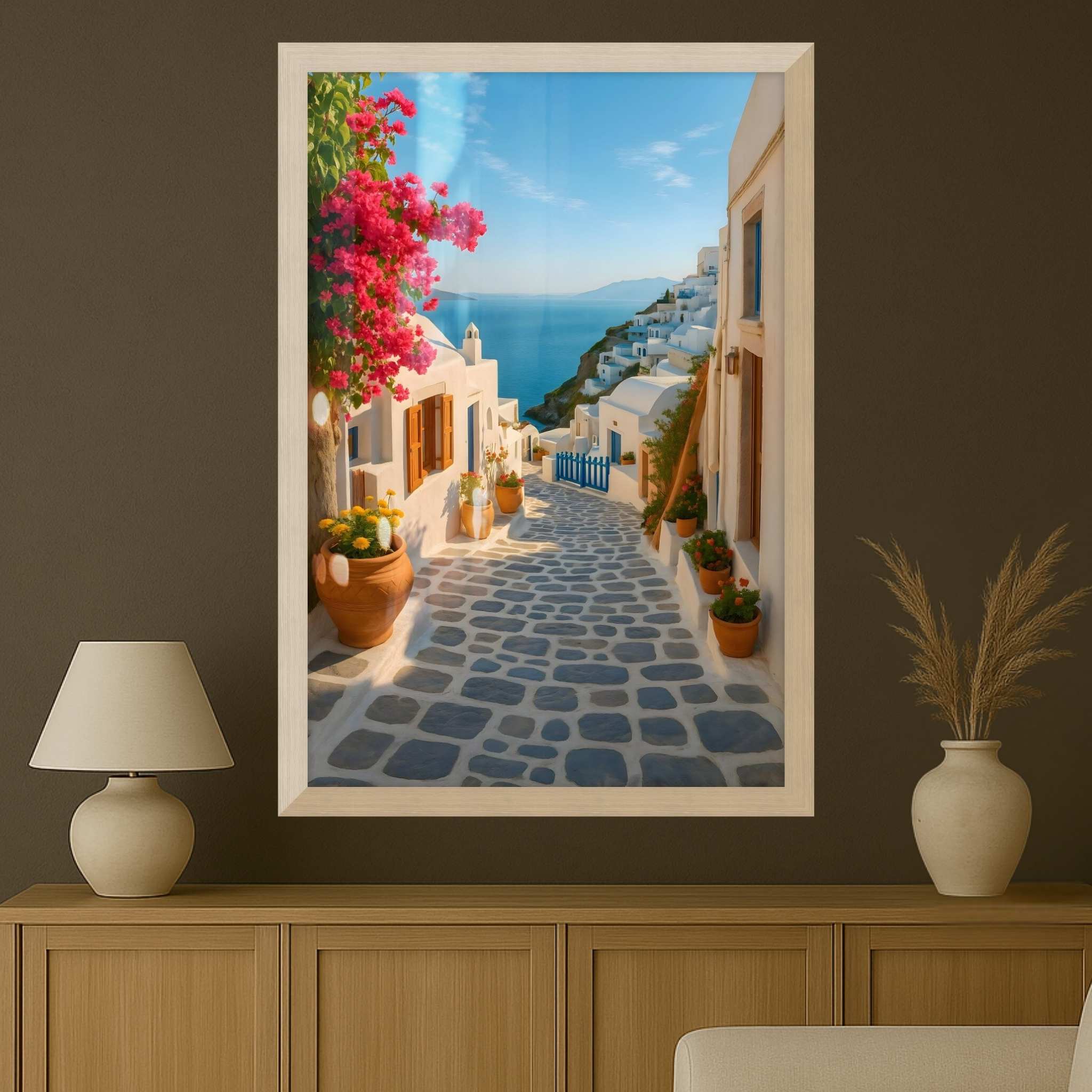 Greek Village Wall Art – Blue Street View | Santorini Glow