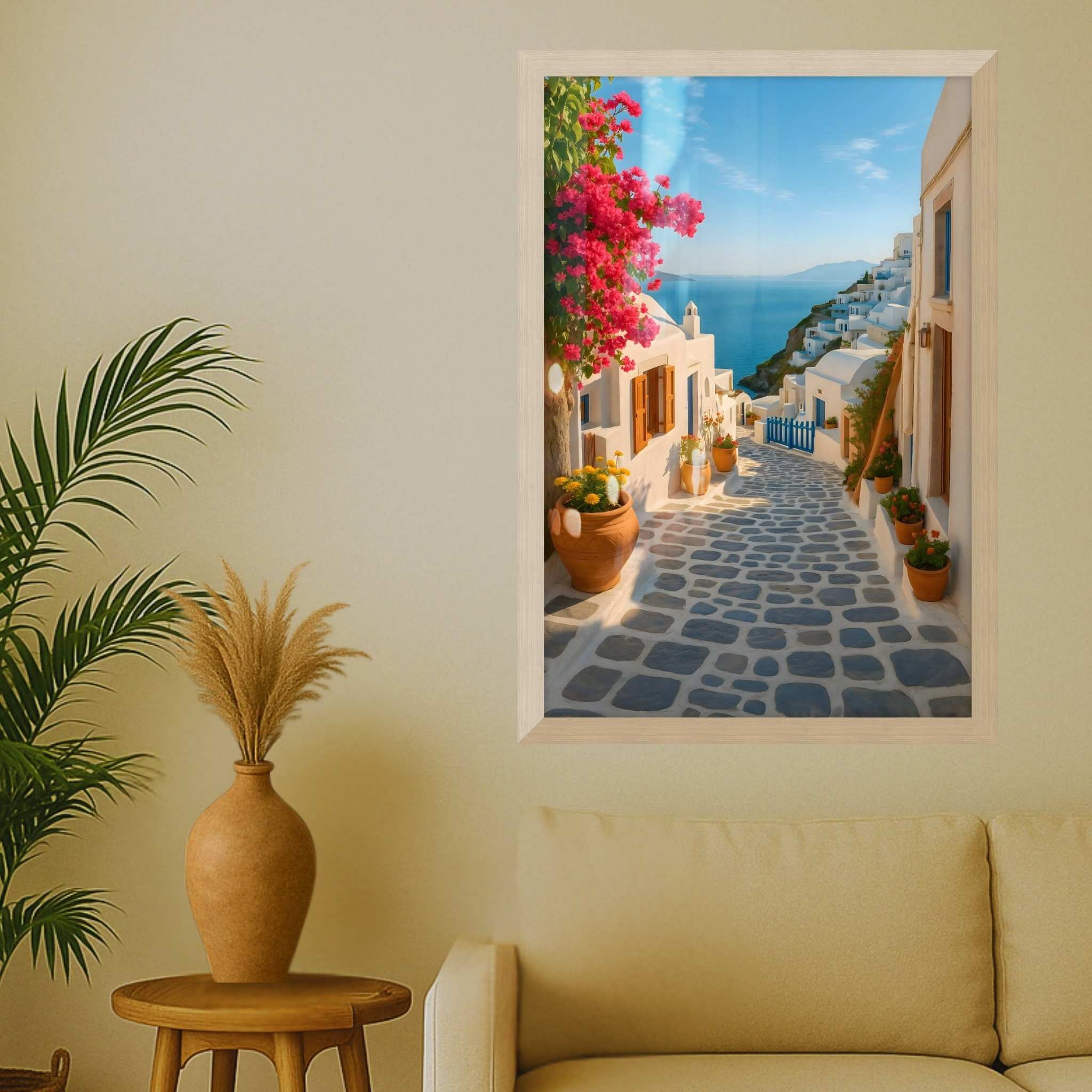 Greek Village Wall Art – Blue Street View | Santorini Glow